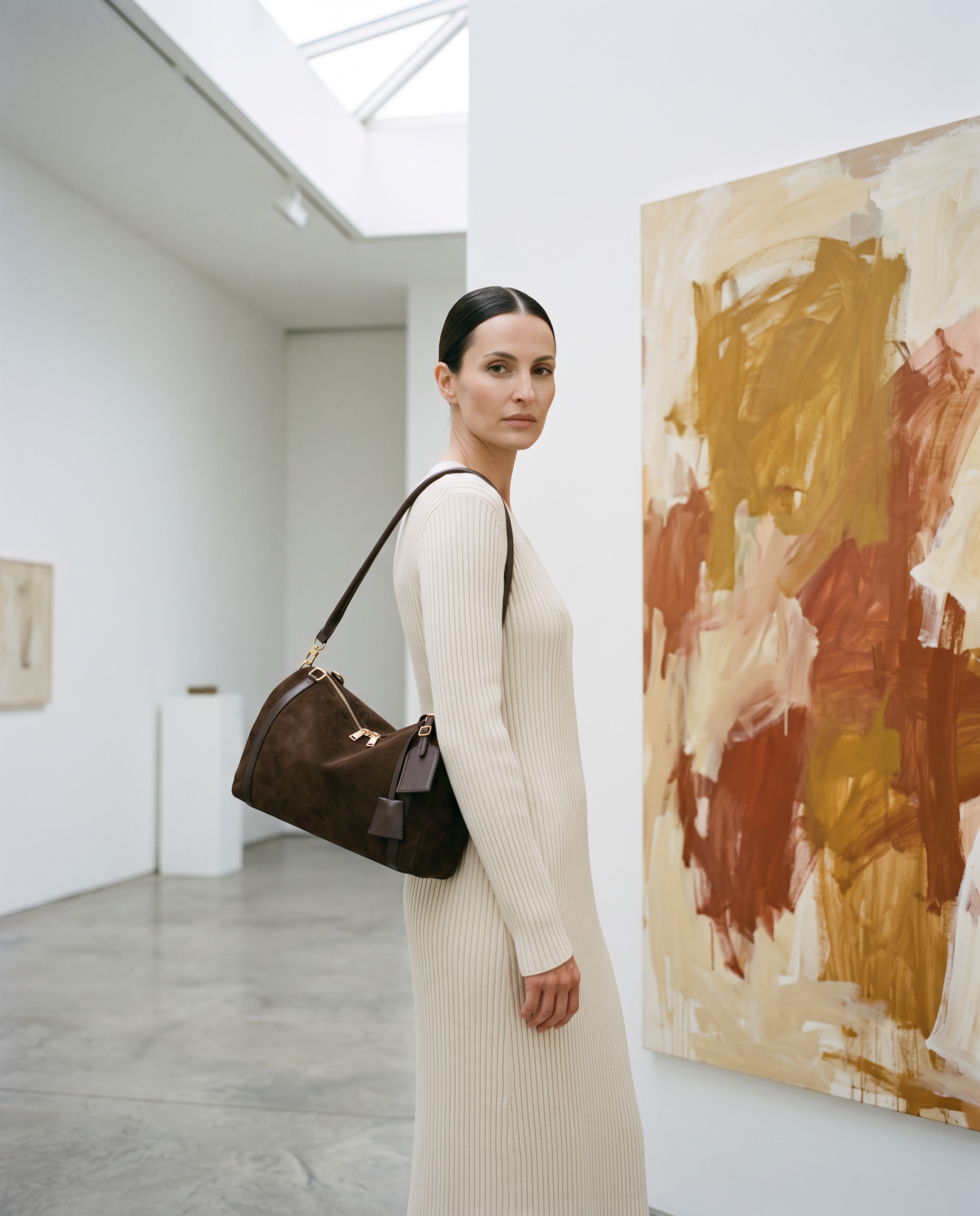Sac VERA marron foncé, porté dans une galerie d'art