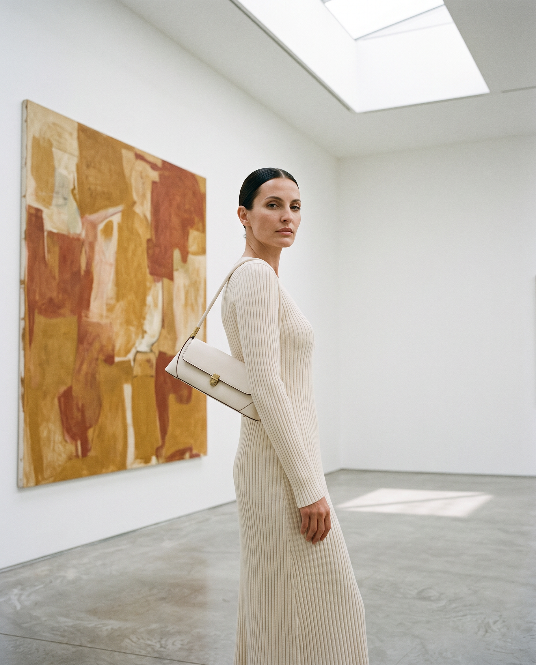 Sac ZELIE blanc, porté dans une galerie d'art