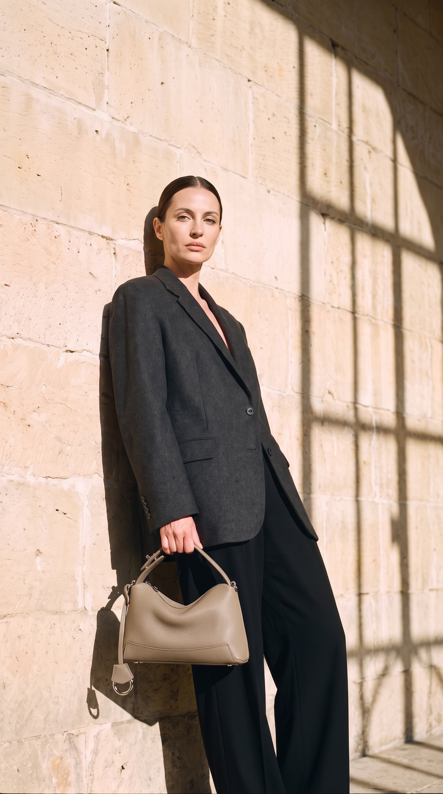 Sac ANAÏS taupe, porté devant un mur de pierre