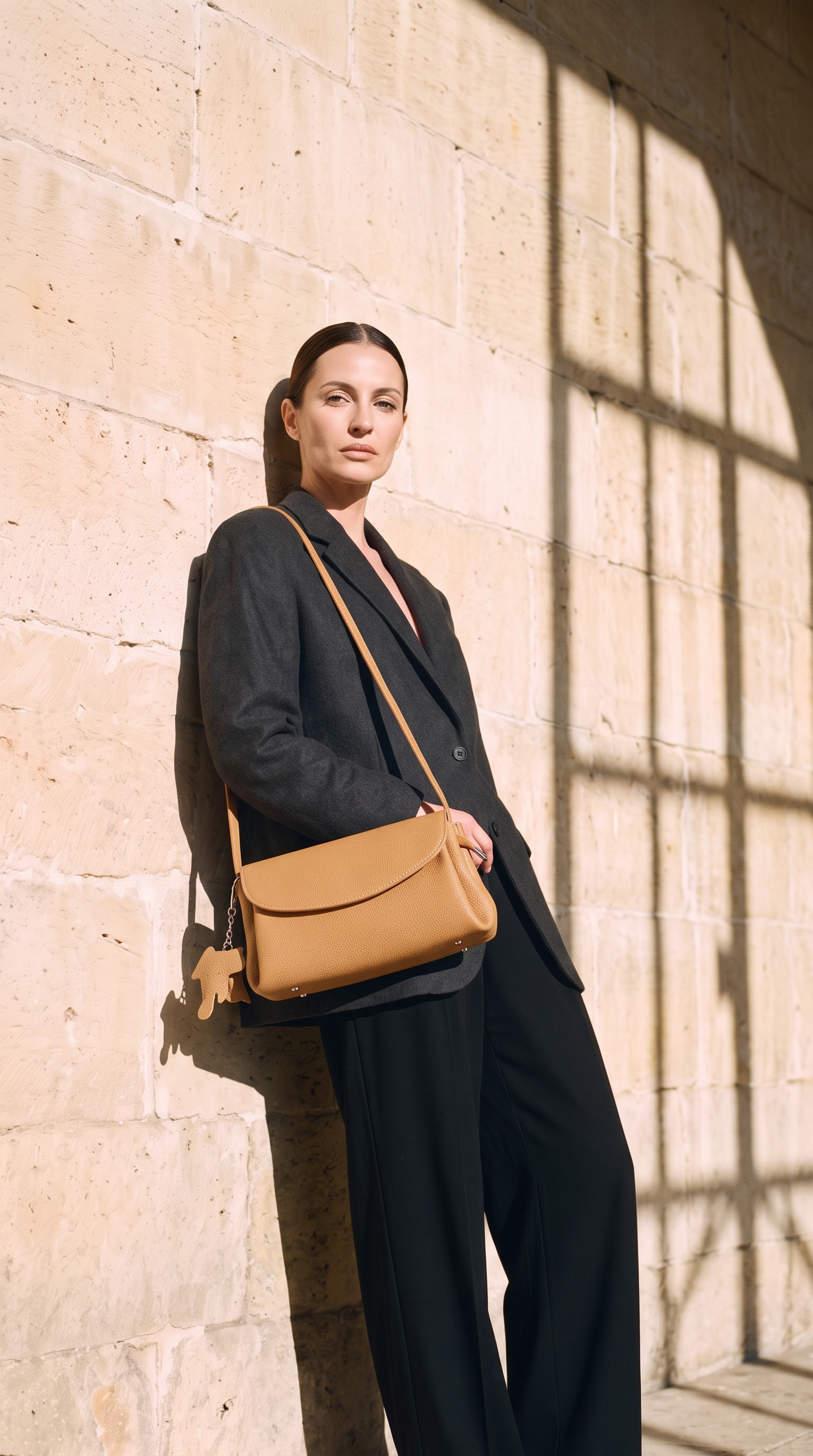 Sac CORA camel, porté devant un mur de pierre