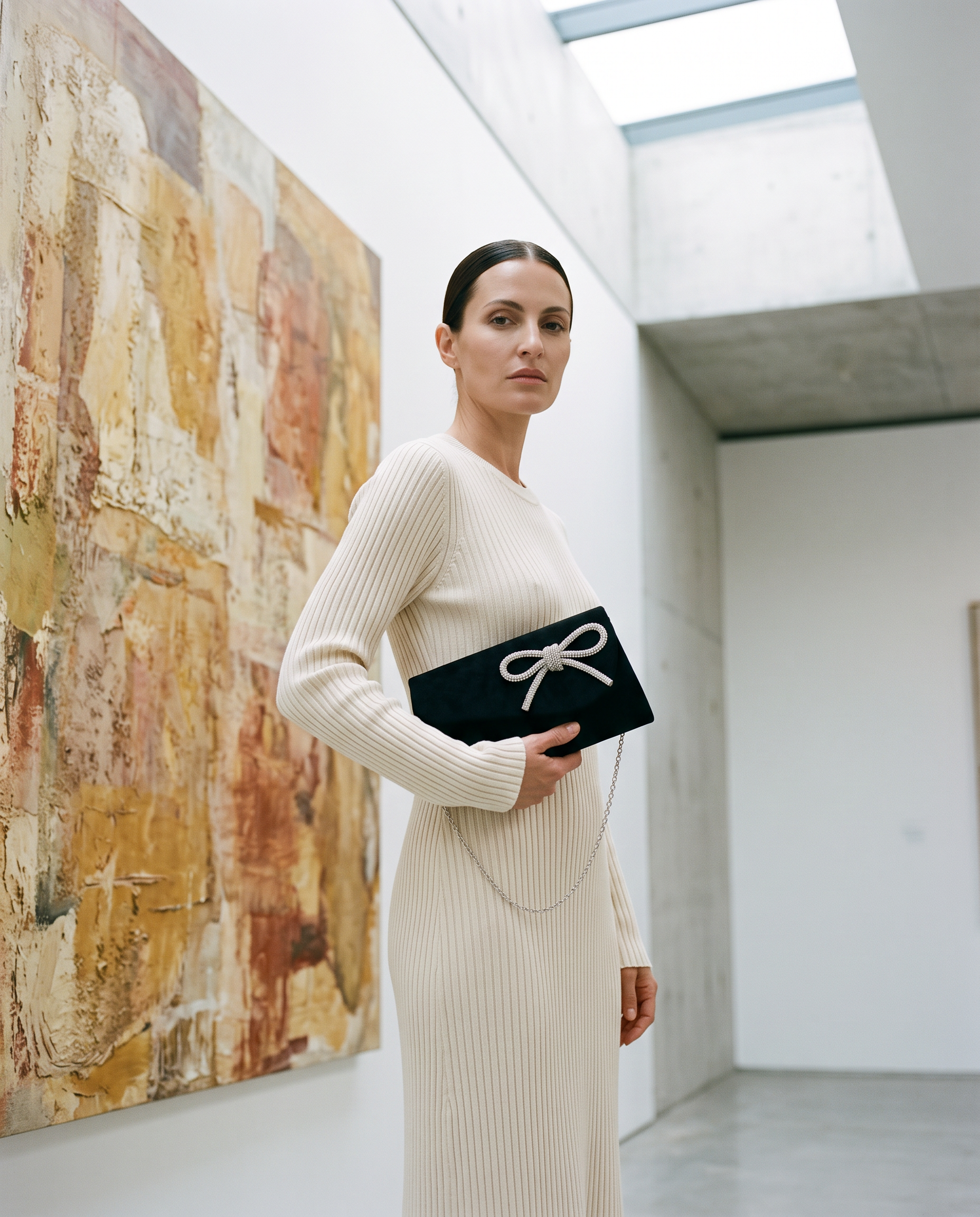 Pochette GALA noir, porté dans une galerie d'art