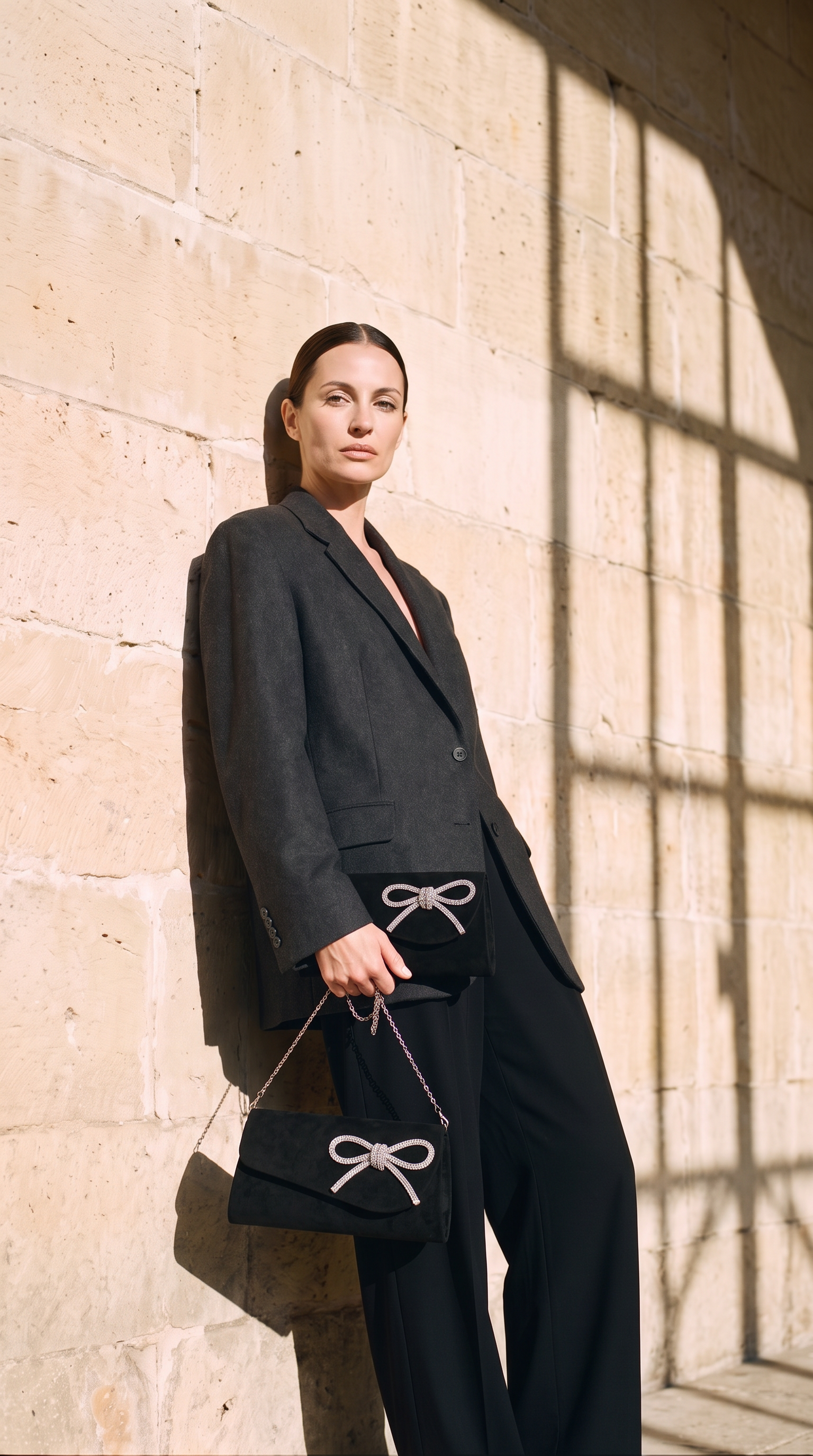 Pochette GALA noir, porté devant un mur de pierre