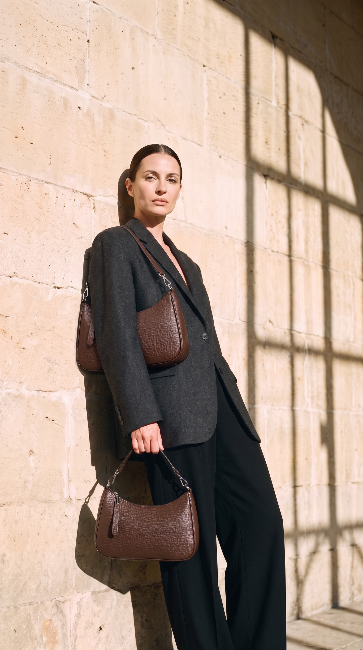 Sac DALIA marron foncé, porté devant un mur de pierre