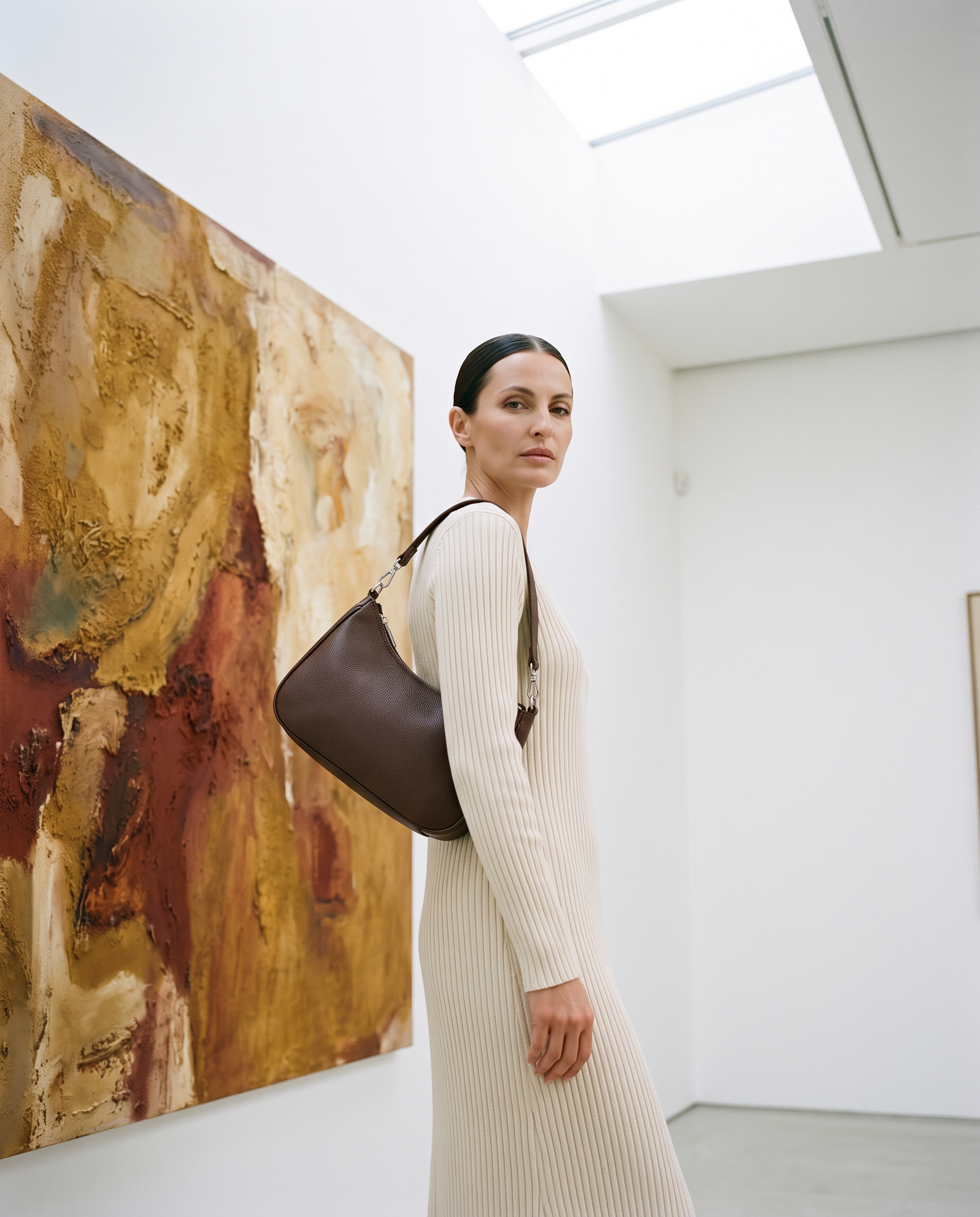 Sac DALIA marron foncé, porté dans une galerie d'art