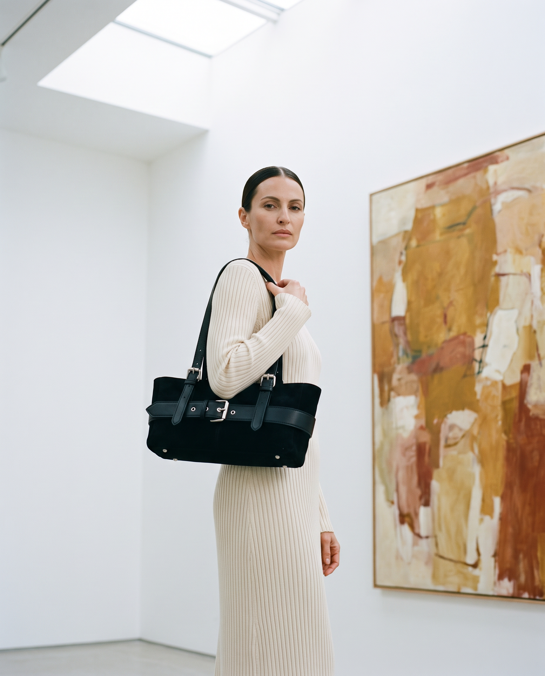 Cabas ELIANA noir, porté dans une galerie d'art
