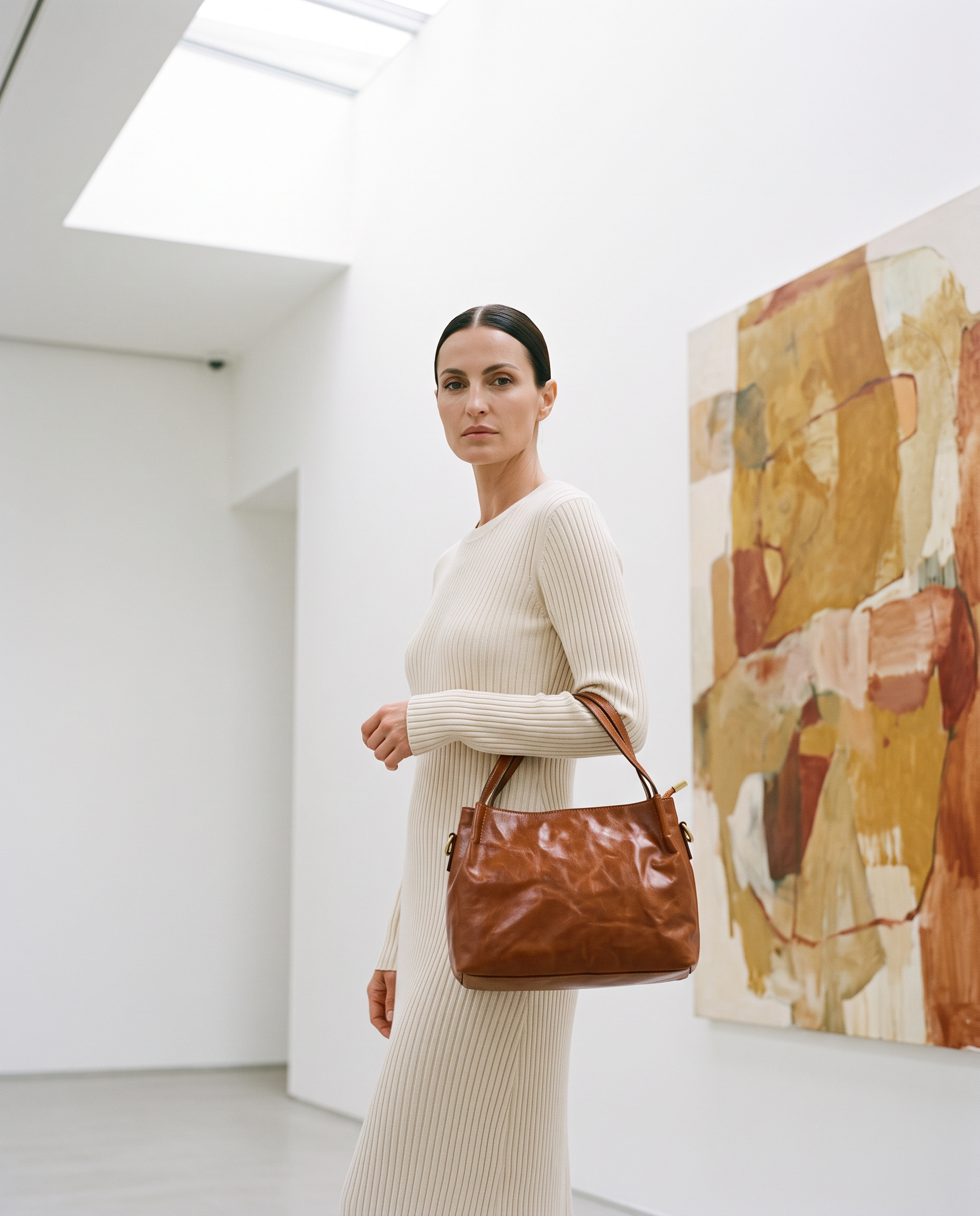 Sac FLORA camel, porté dans une galerie d'art