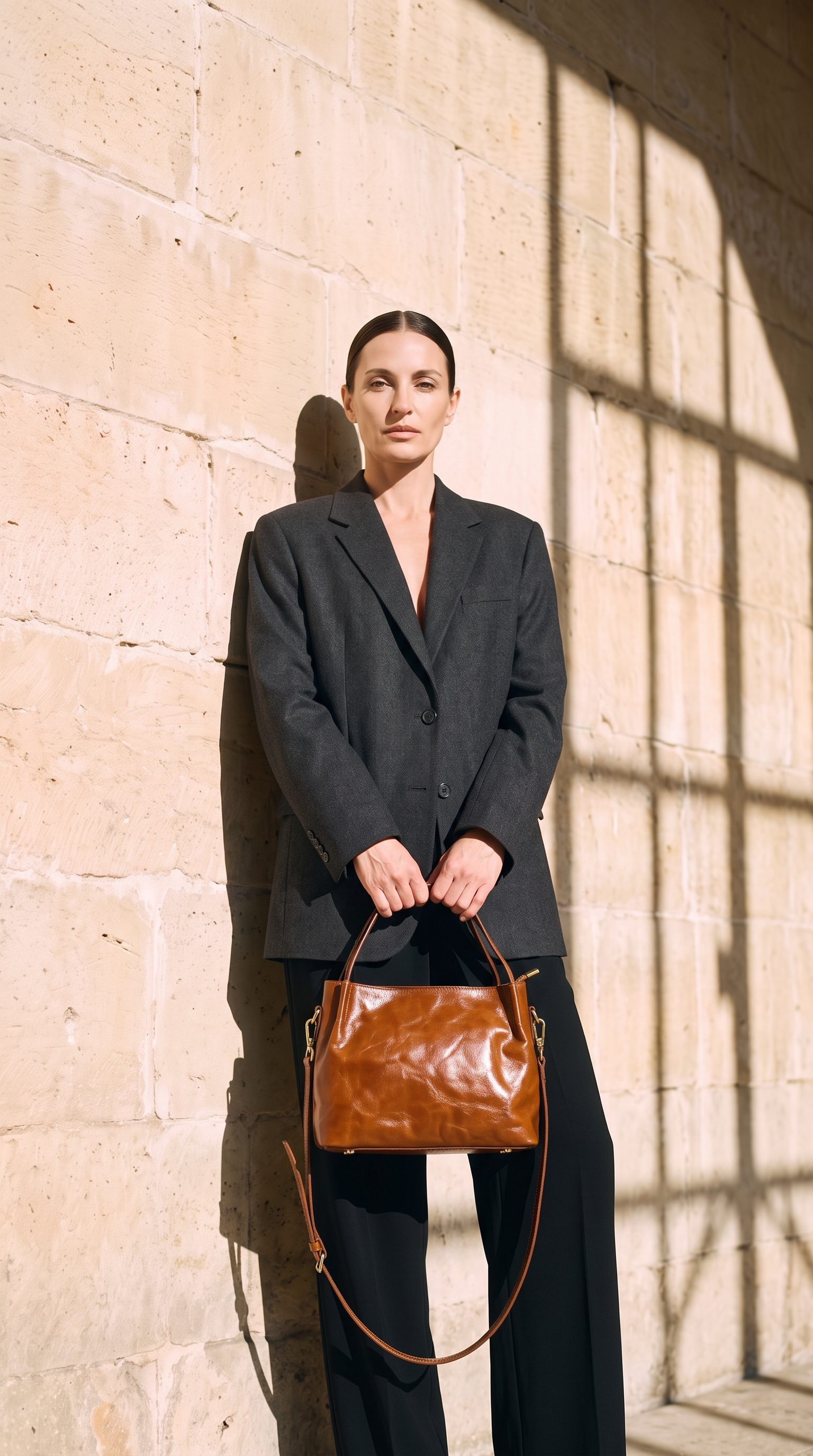 Sac FLORA camel, porté devant un mur de pierre