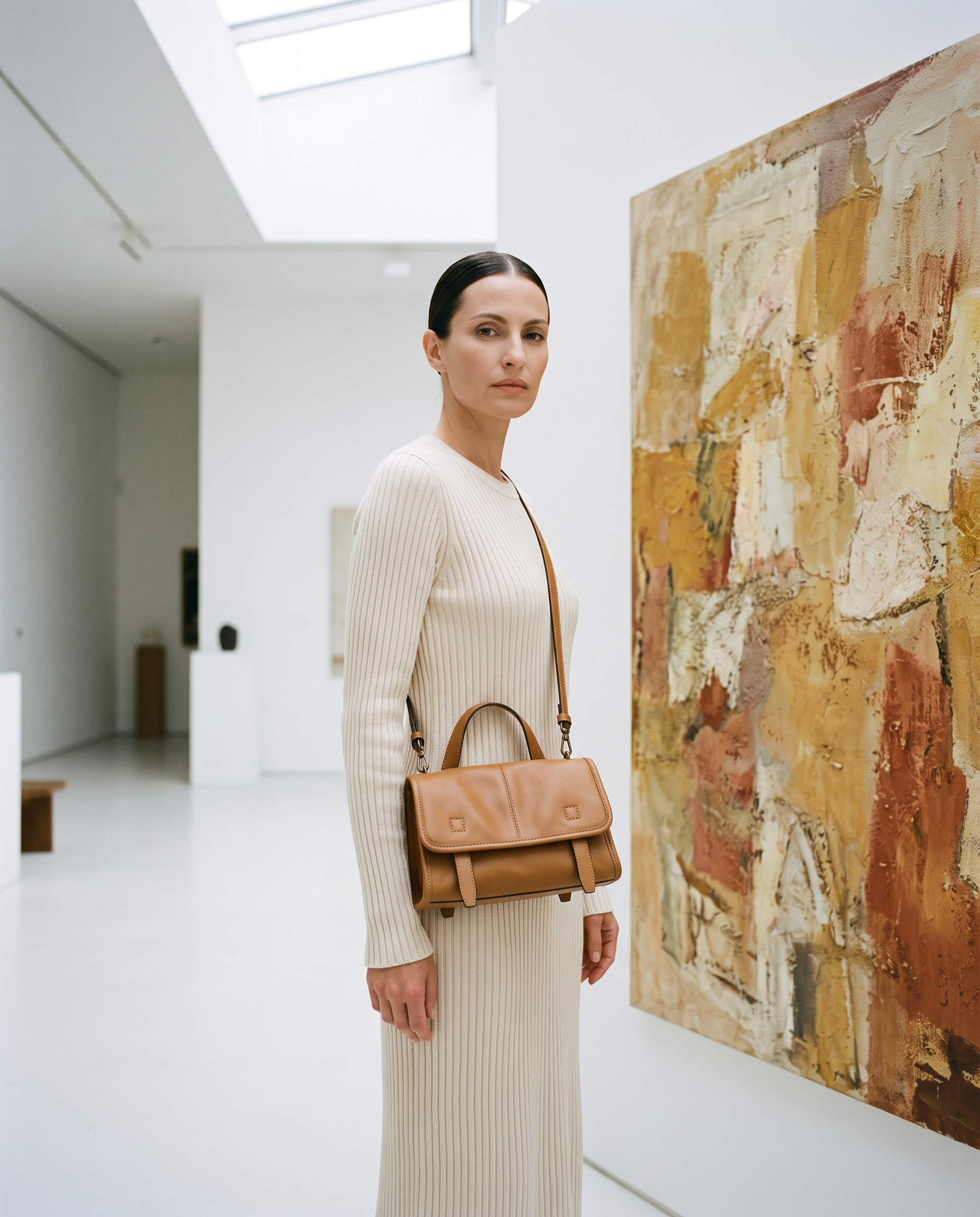 Sac HANNA camel, porté dans une galerie d'art