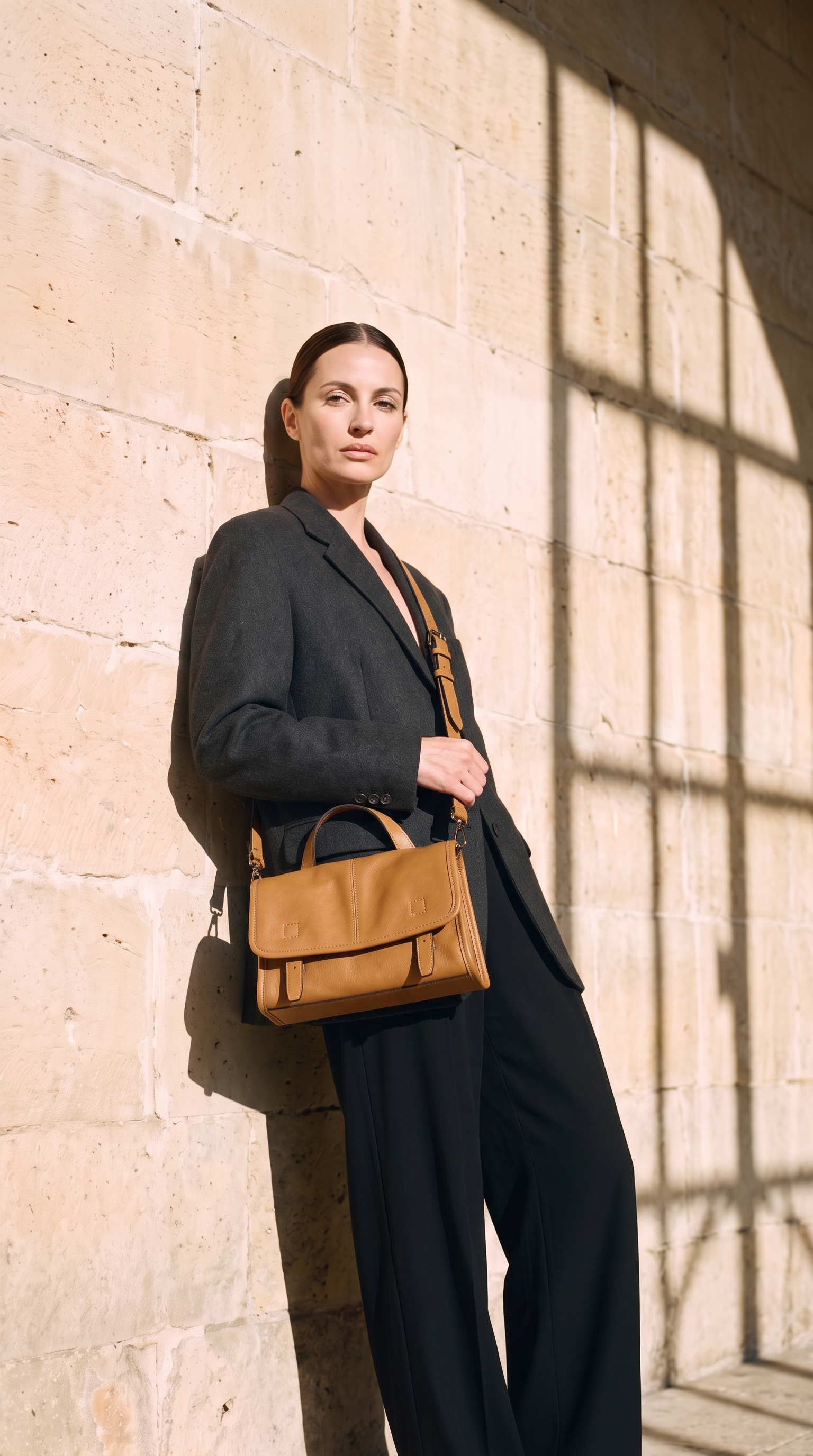 Sac HANNA camel, porté devant un mur de pierre
