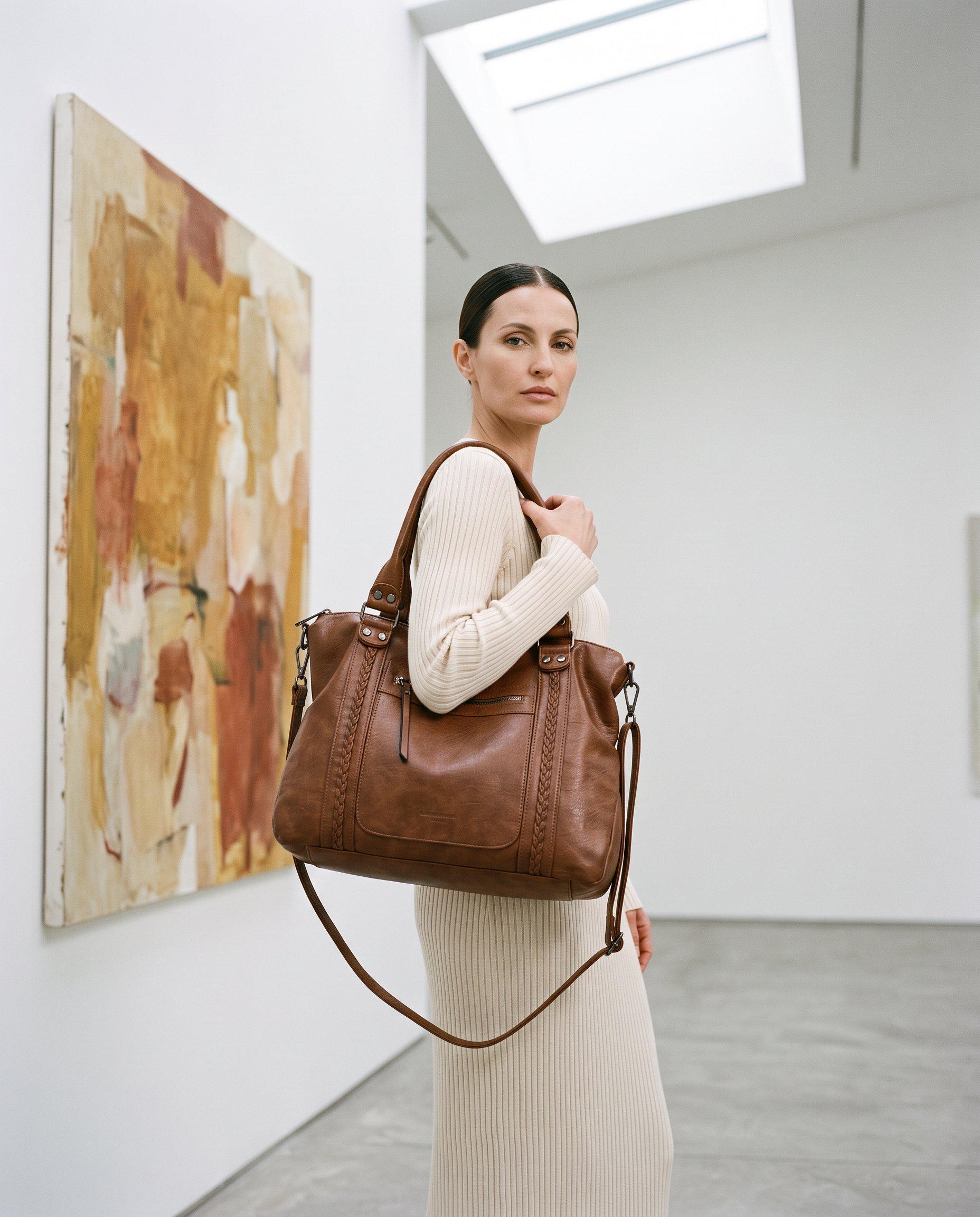 Cabas ZORA camel, porté dans une galerie d'art