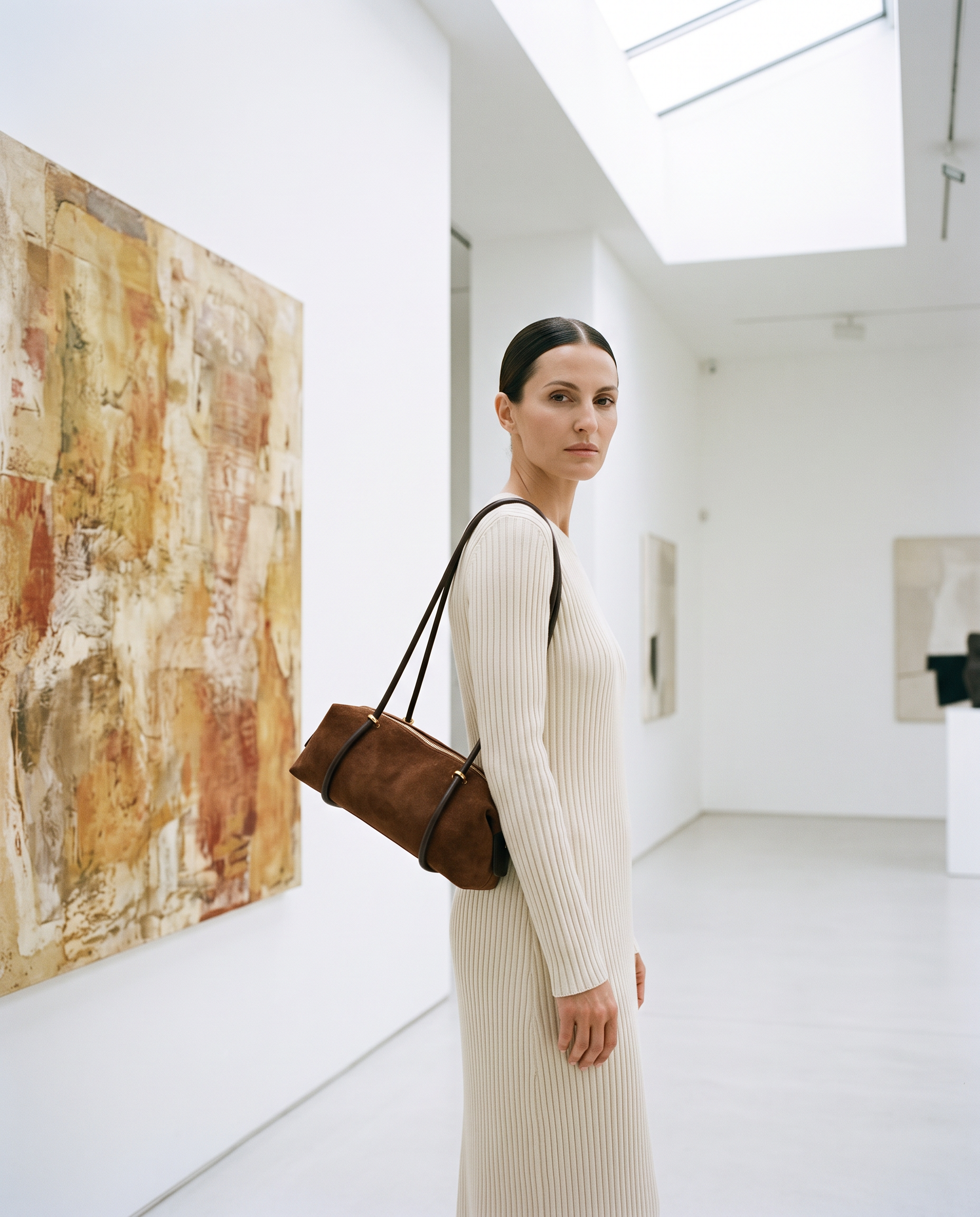 Sac KIRA marron, porté dans une galerie d'art