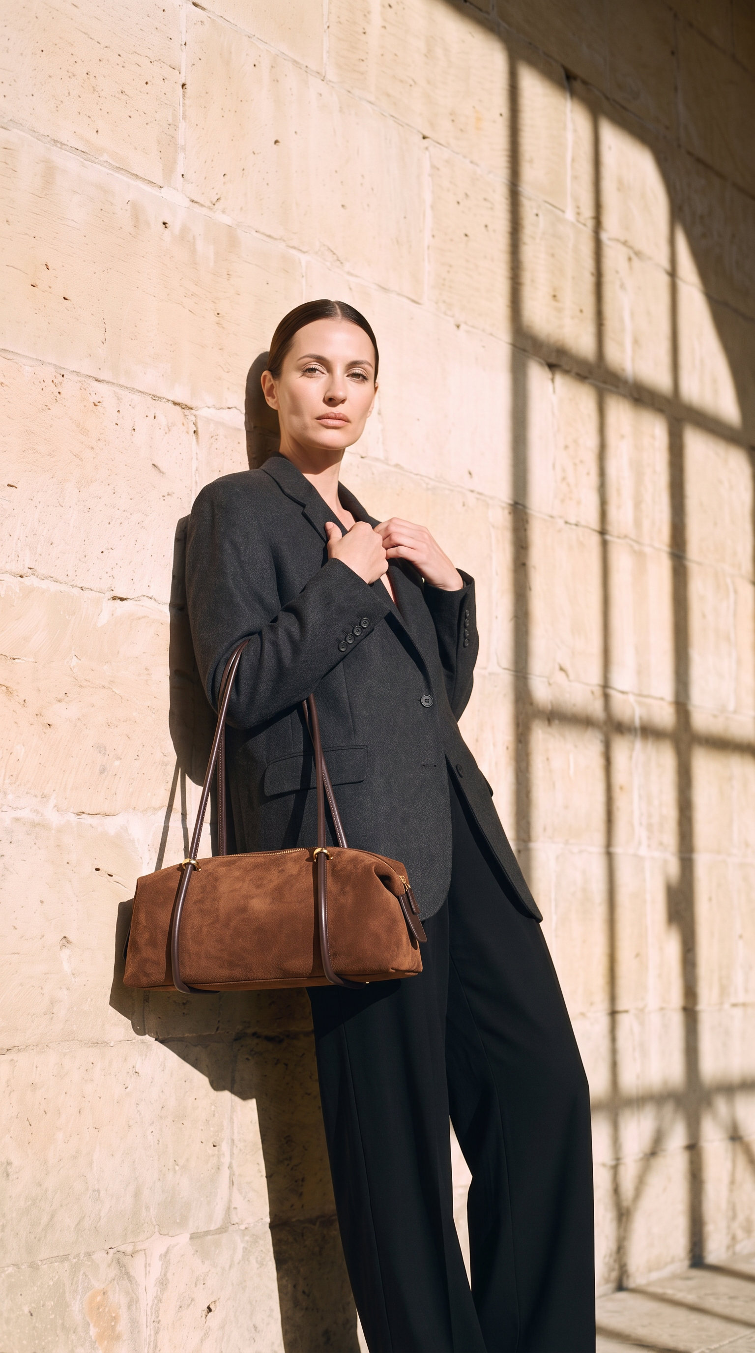 Sac KIRA marron, porté devant un mur de pierre