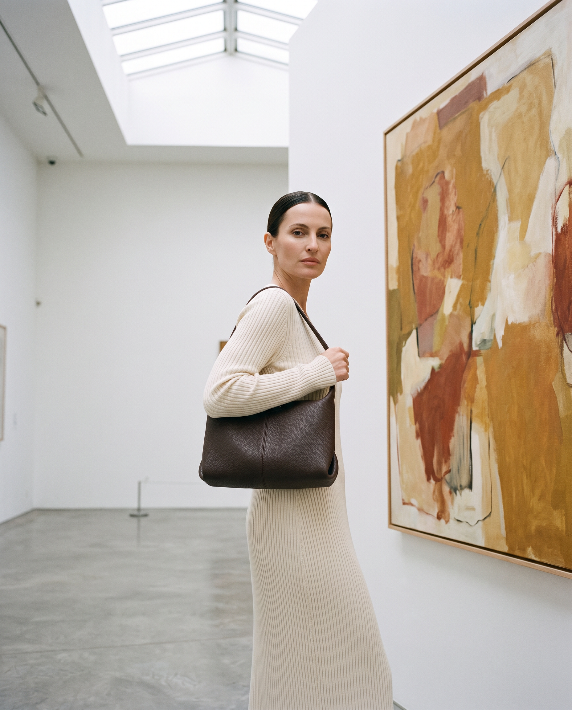 Sac MAELLE marron foncé, porté dans une galerie d'art