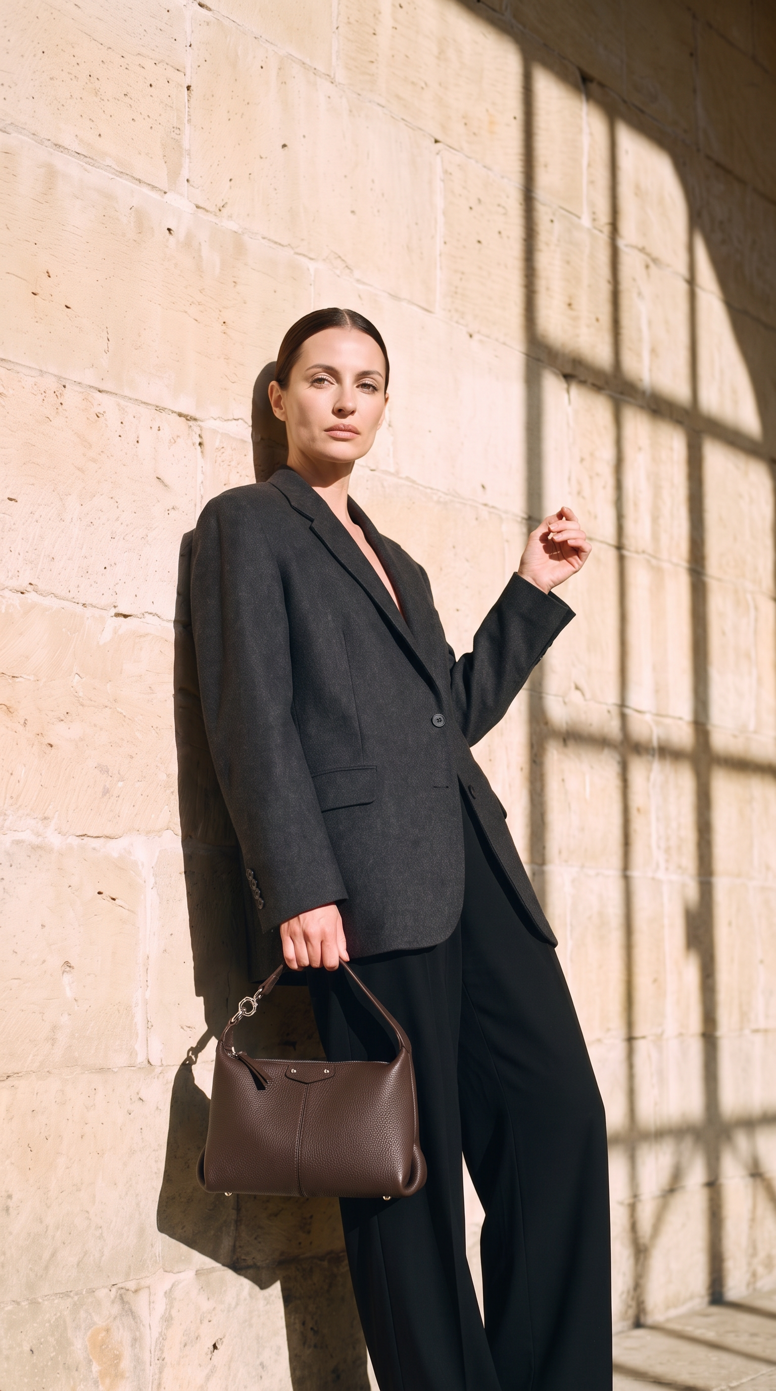 Sac MAELLE marron foncé, porté devant un mur de pierre