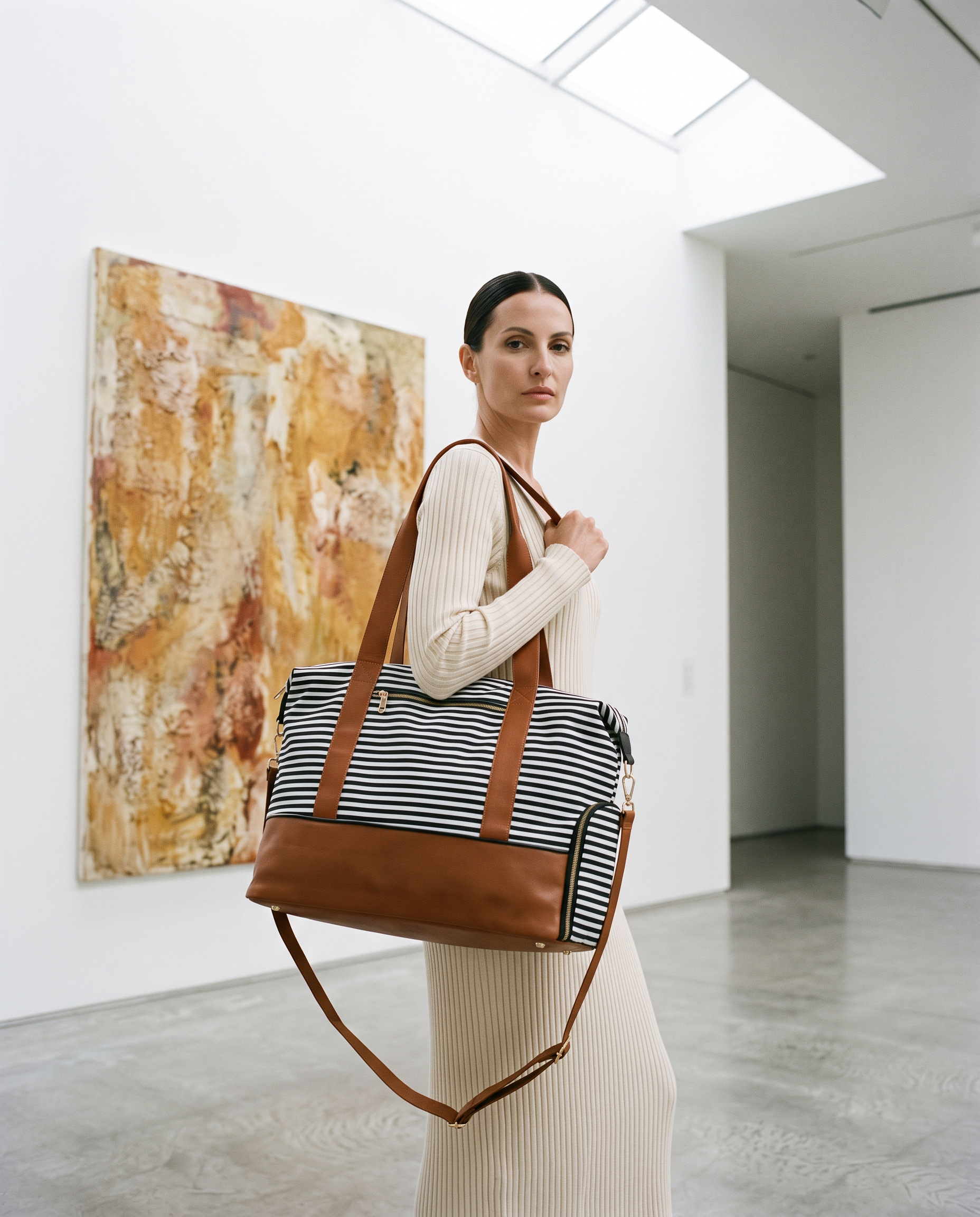 Sac de voyage LOUISE rayé noir et blanc, porté dans une galerie d'art