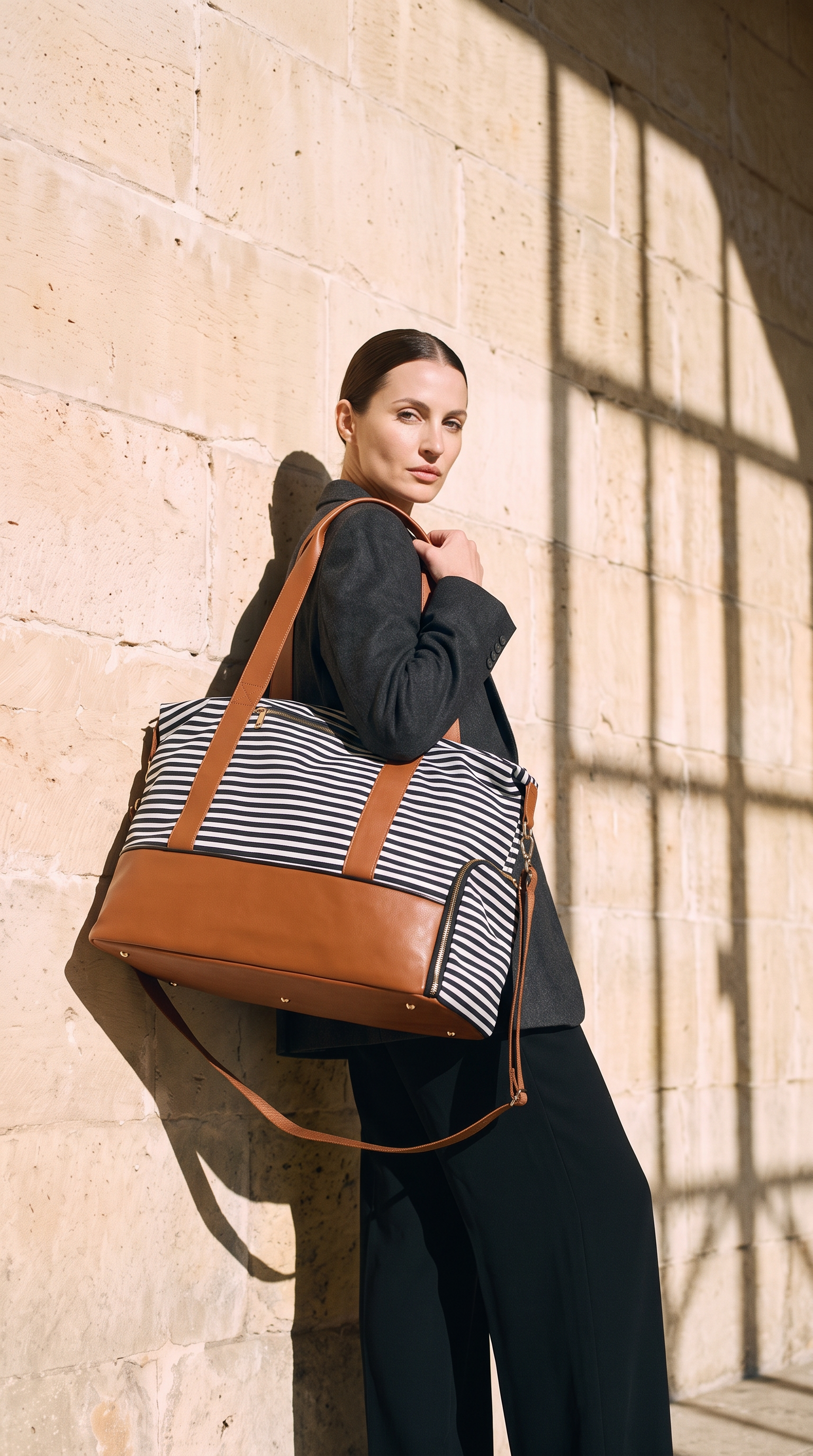 Sac de voyage LOUISE rayé noir et blanc, porté devant un mur de pierre