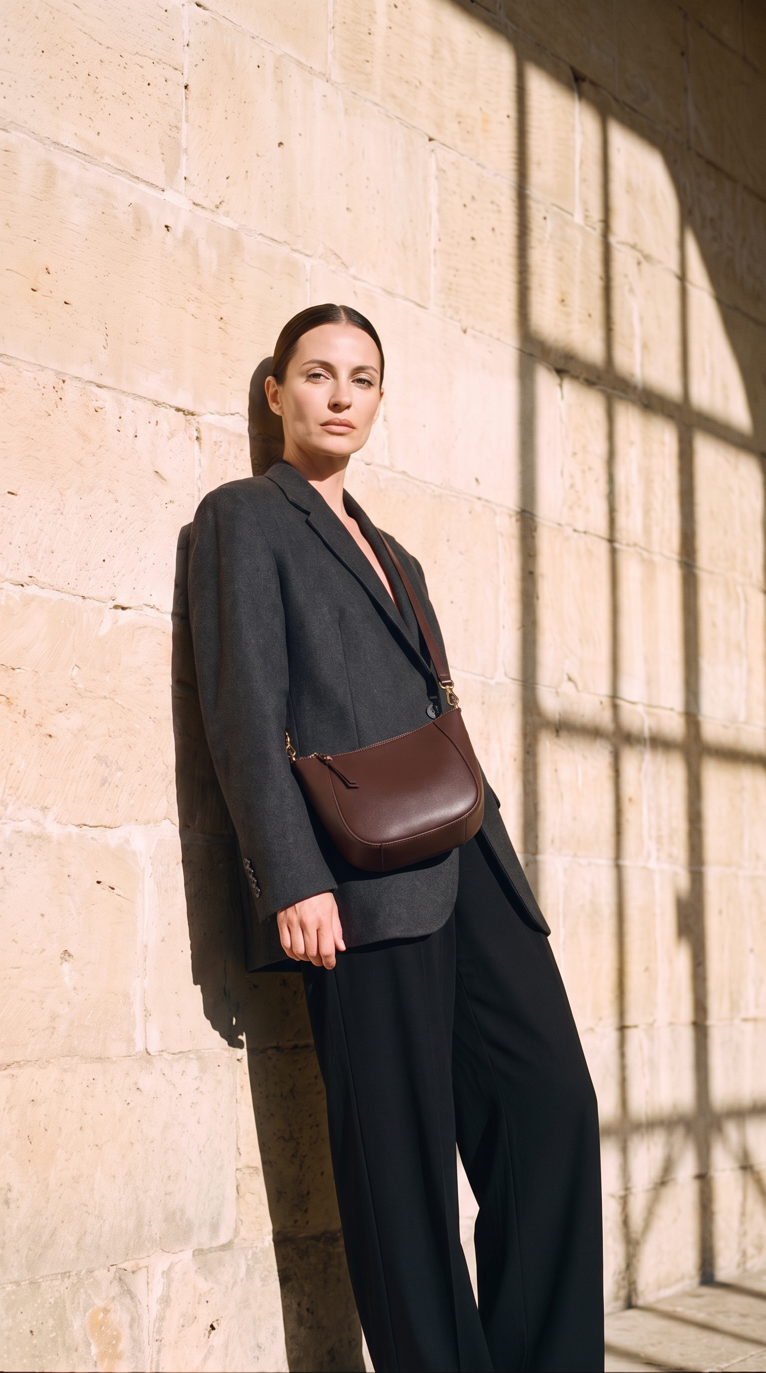 Sac MARTA marron foncé, porté devant un mur de pierre