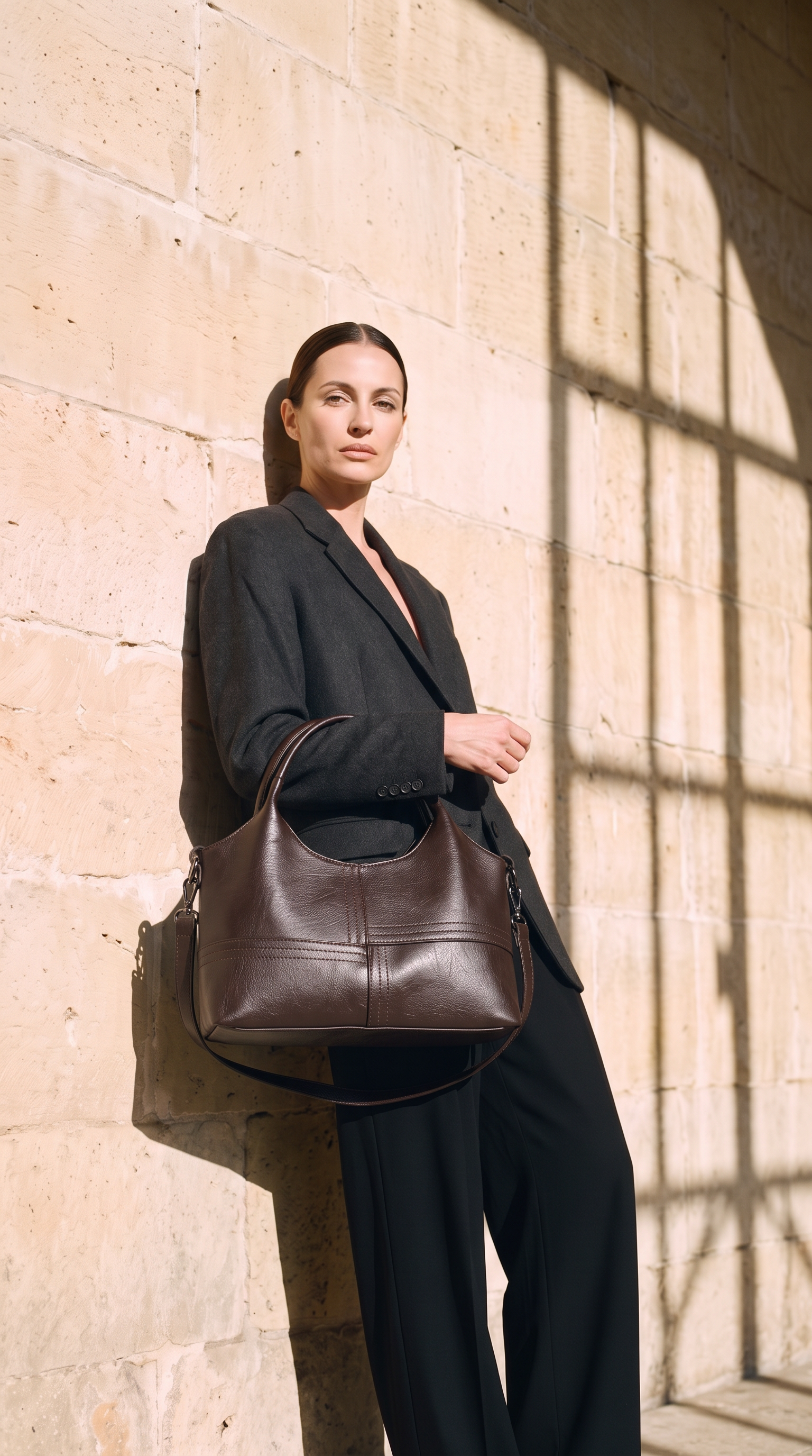 Sac JULIA marron foncé, porté devant un mur de pierre