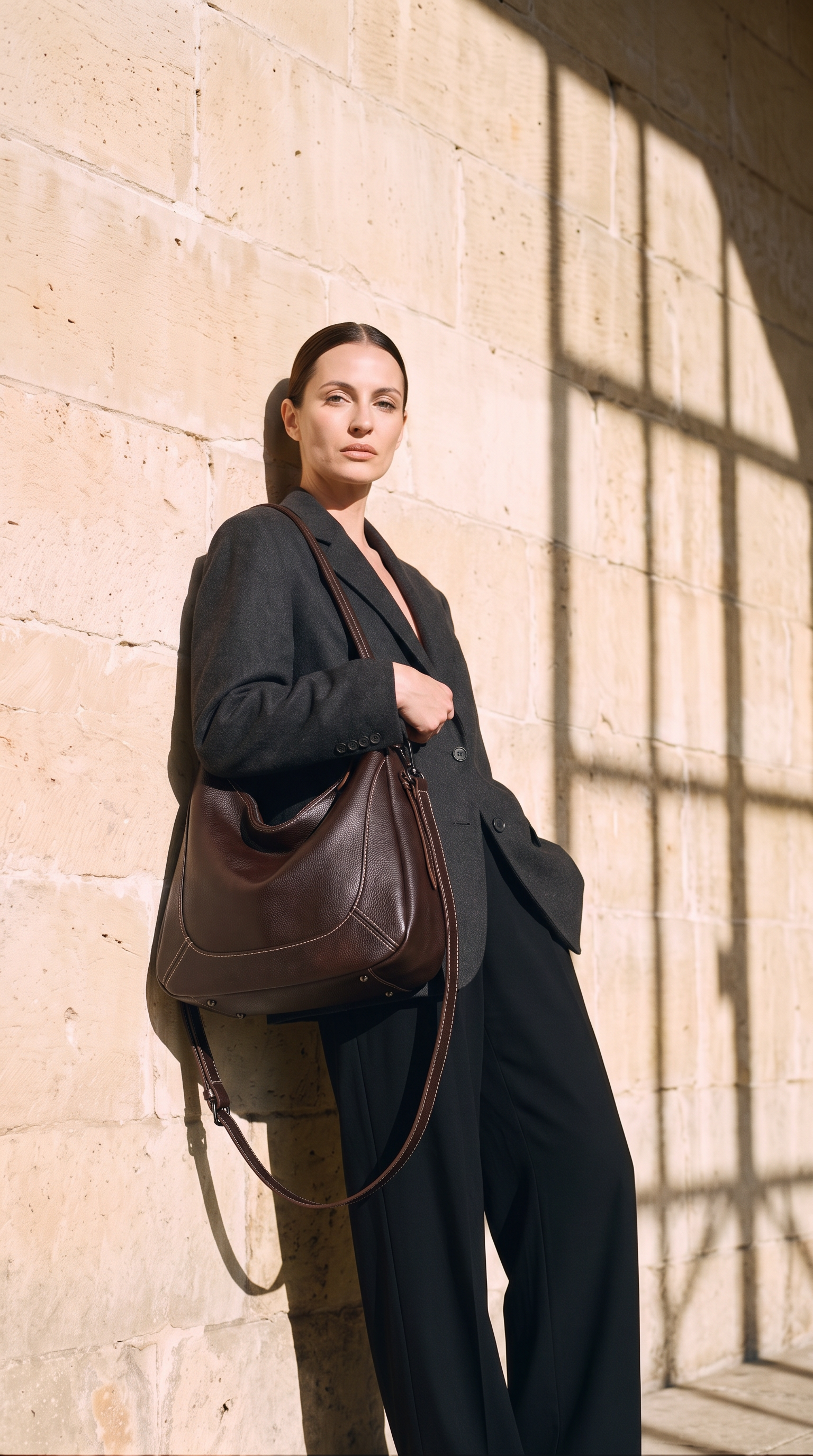 Sac LUCIE marron foncé, porté devant un mur de pierre