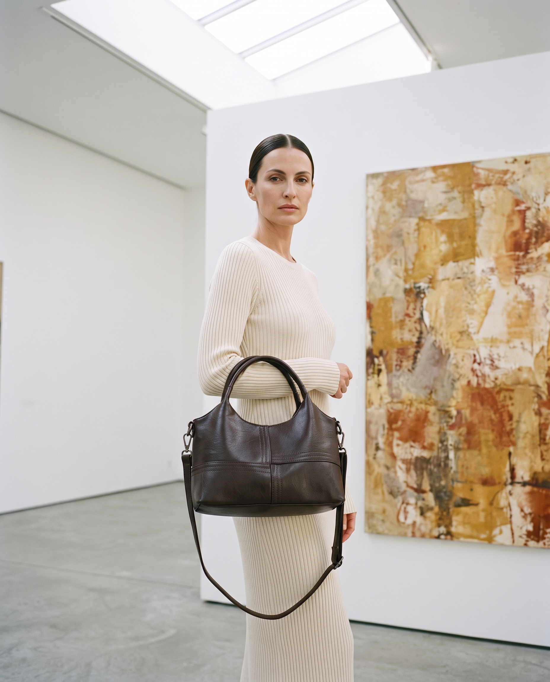 Sac JULIA marron foncé, porté dans une galerie d'art