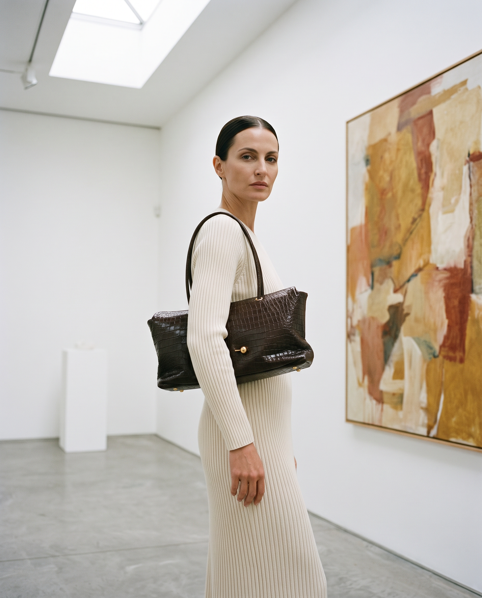 Sac ELSA marron foncé, porté dans une galerie d'art