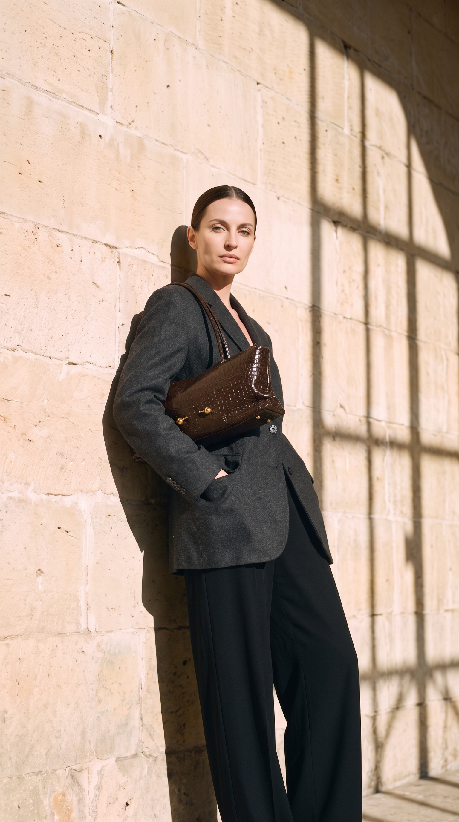 Sac ELSA marron foncé, porté devant un mur de pierre