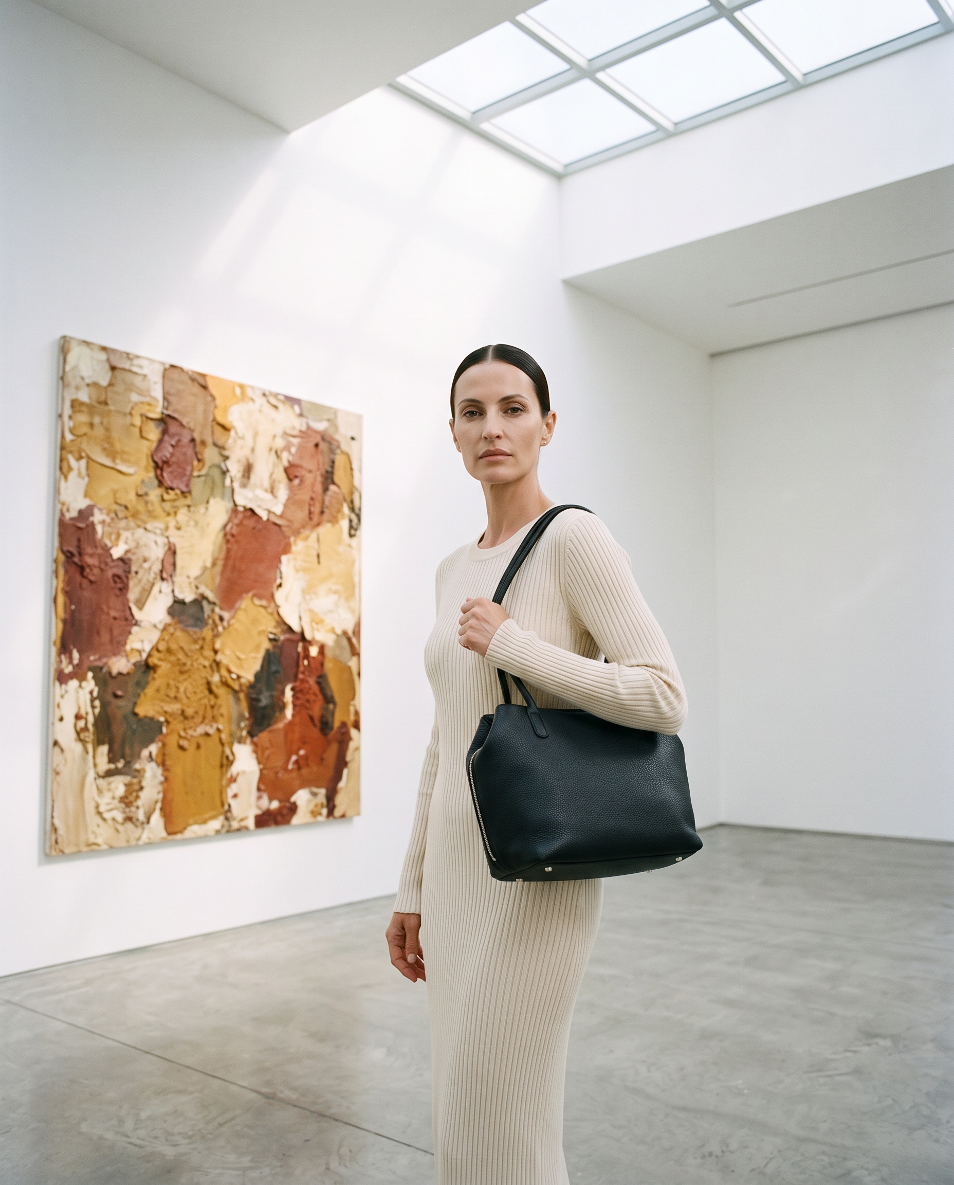 Cabas CLÉMENCE noir, porté dans une galerie d'art
