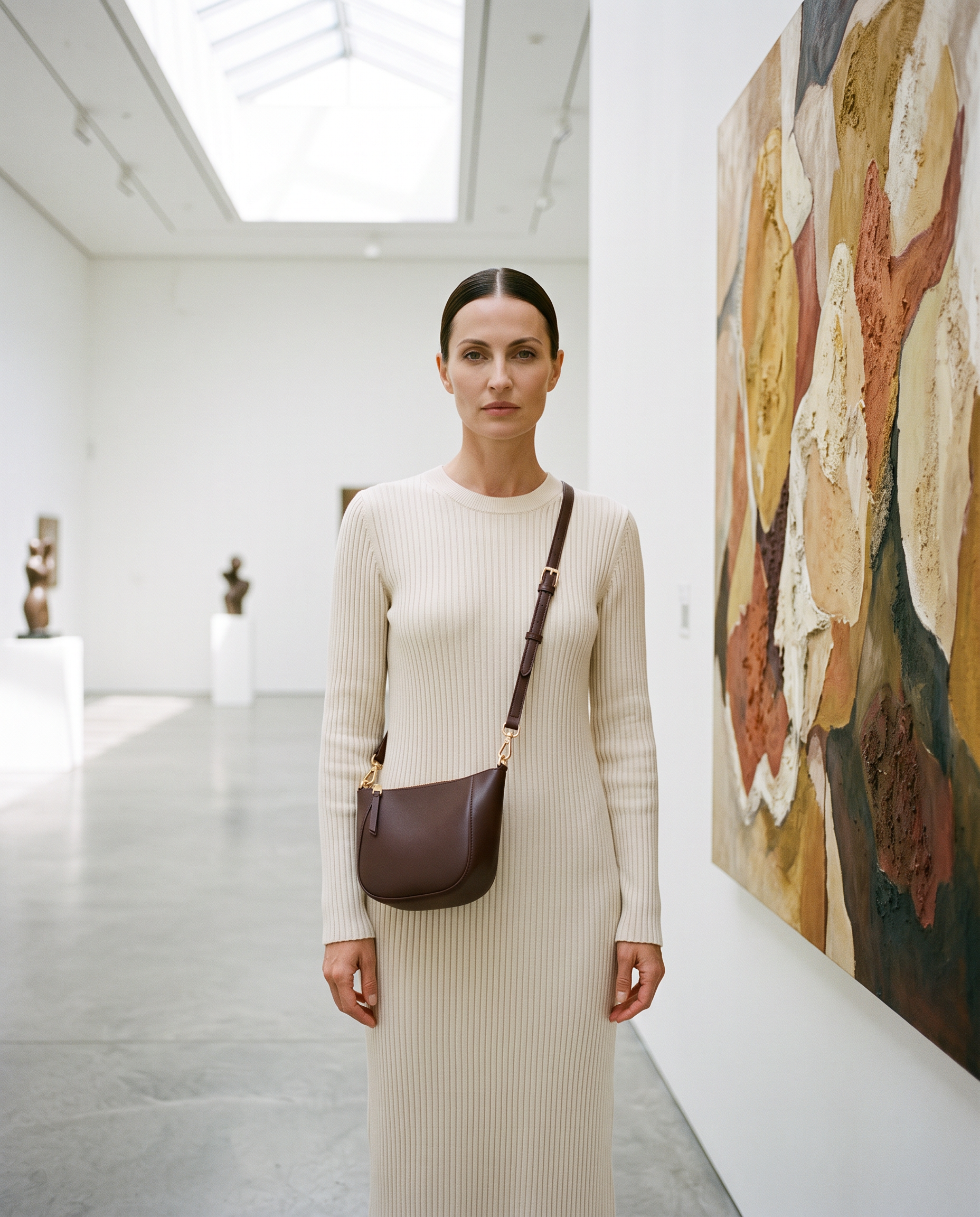 Sac MARTA marron foncé, porté dans une galerie d'art