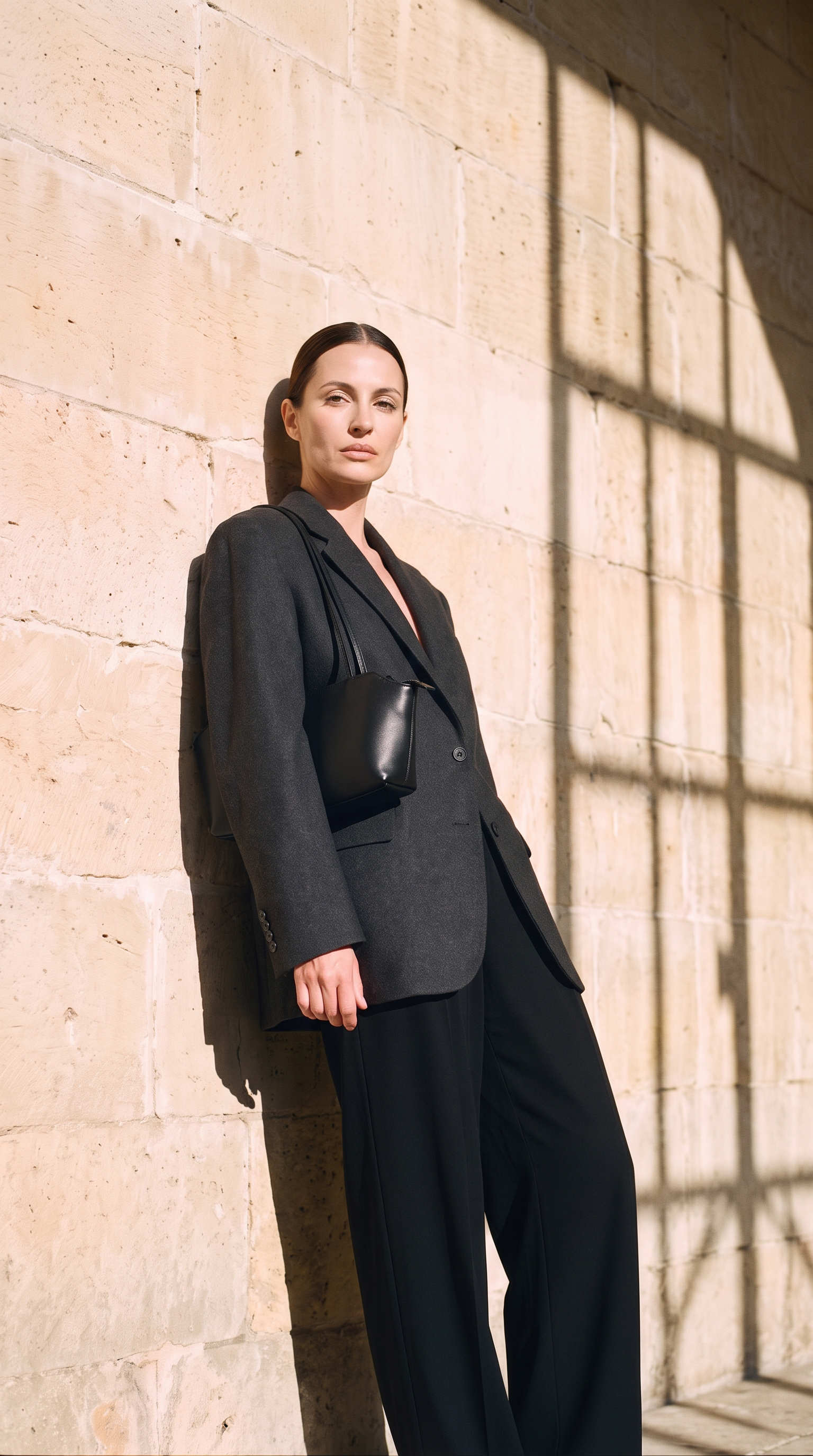 Sac ADÈLE noir, porté devant un mur de pierre