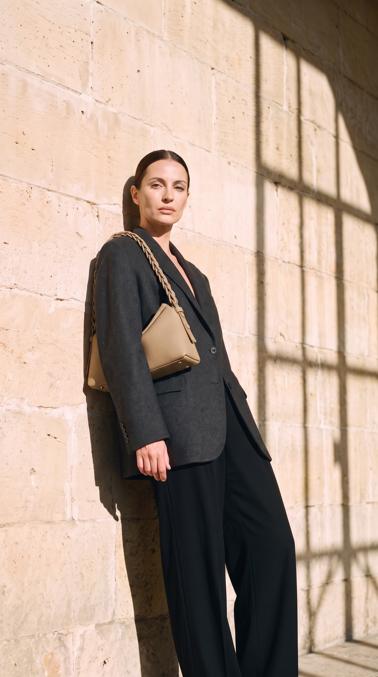 Sac CAPUCINE taupe, porté devant un mur de pierre