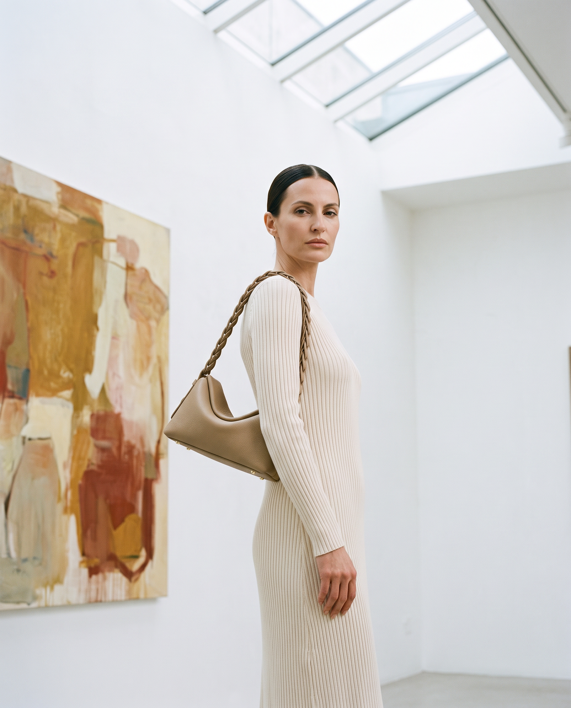 Sac CAPUCINE taupe, porté dans une galerie d'art