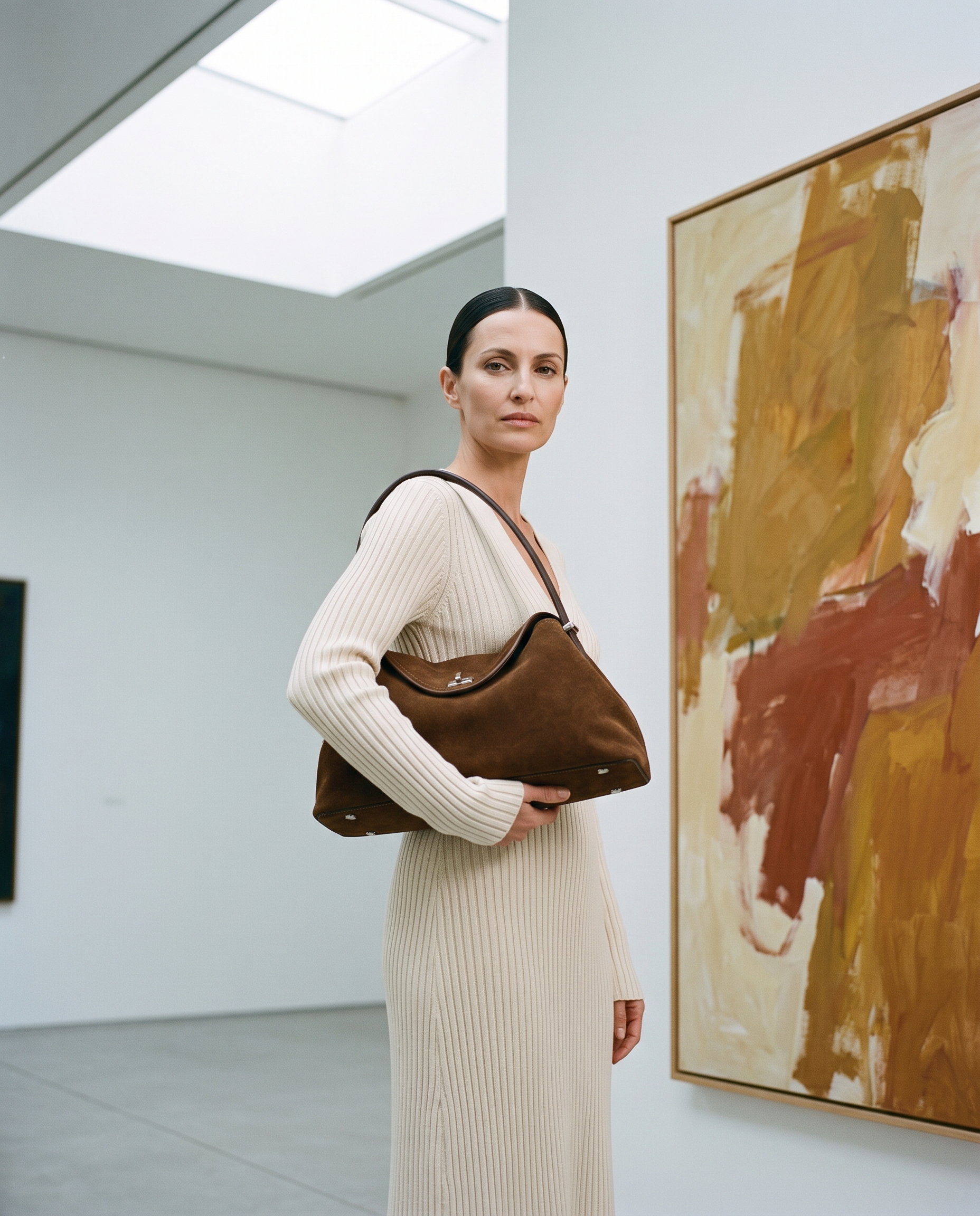 Sac HORTENSE marron, porté dans une galerie d'art