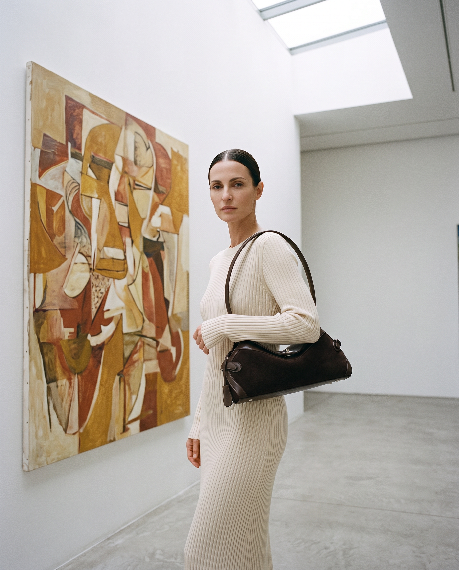 Sac ROSALIE marron foncé, porté dans une galerie d'art