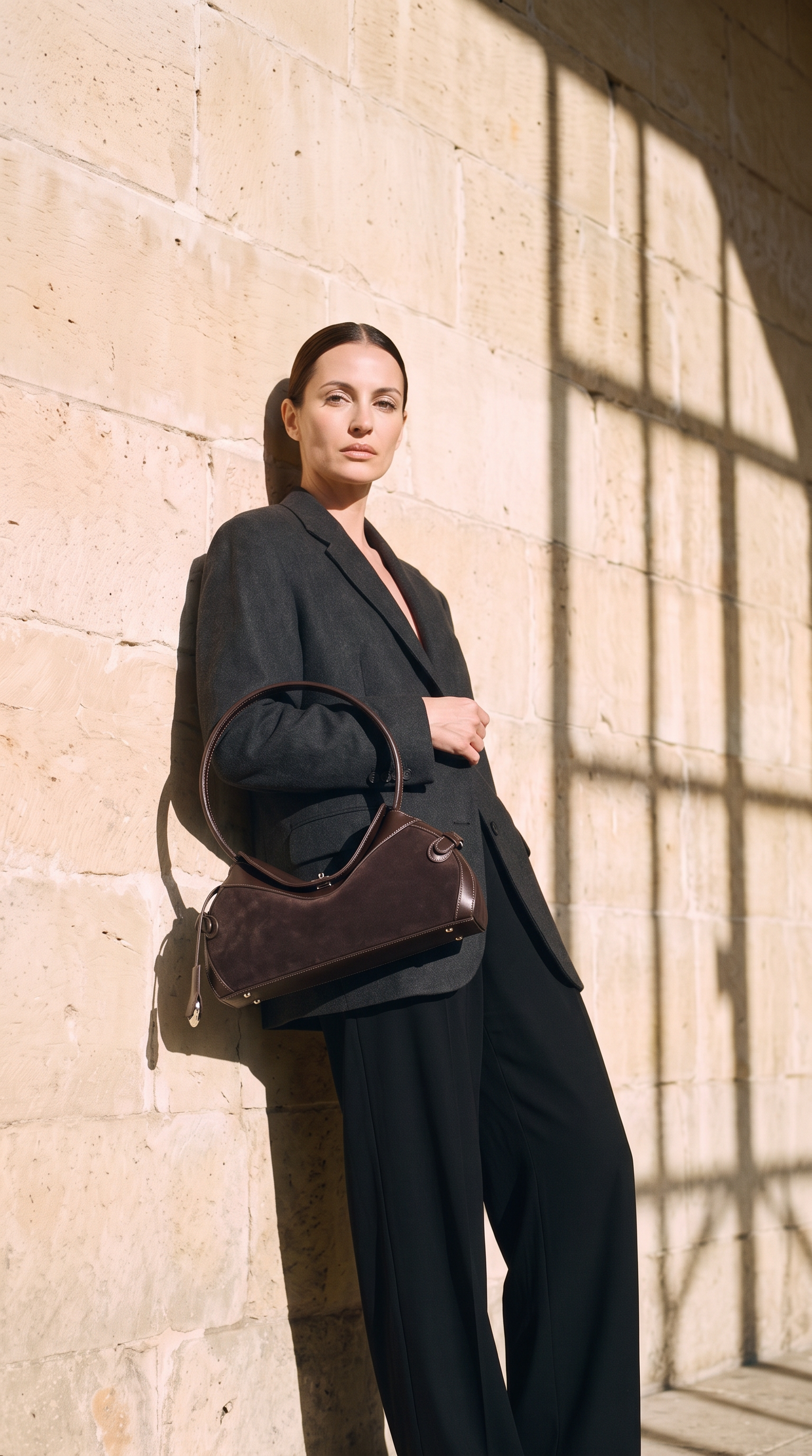 Sac ROSALIE marron foncé, porté devant un mur de pierre