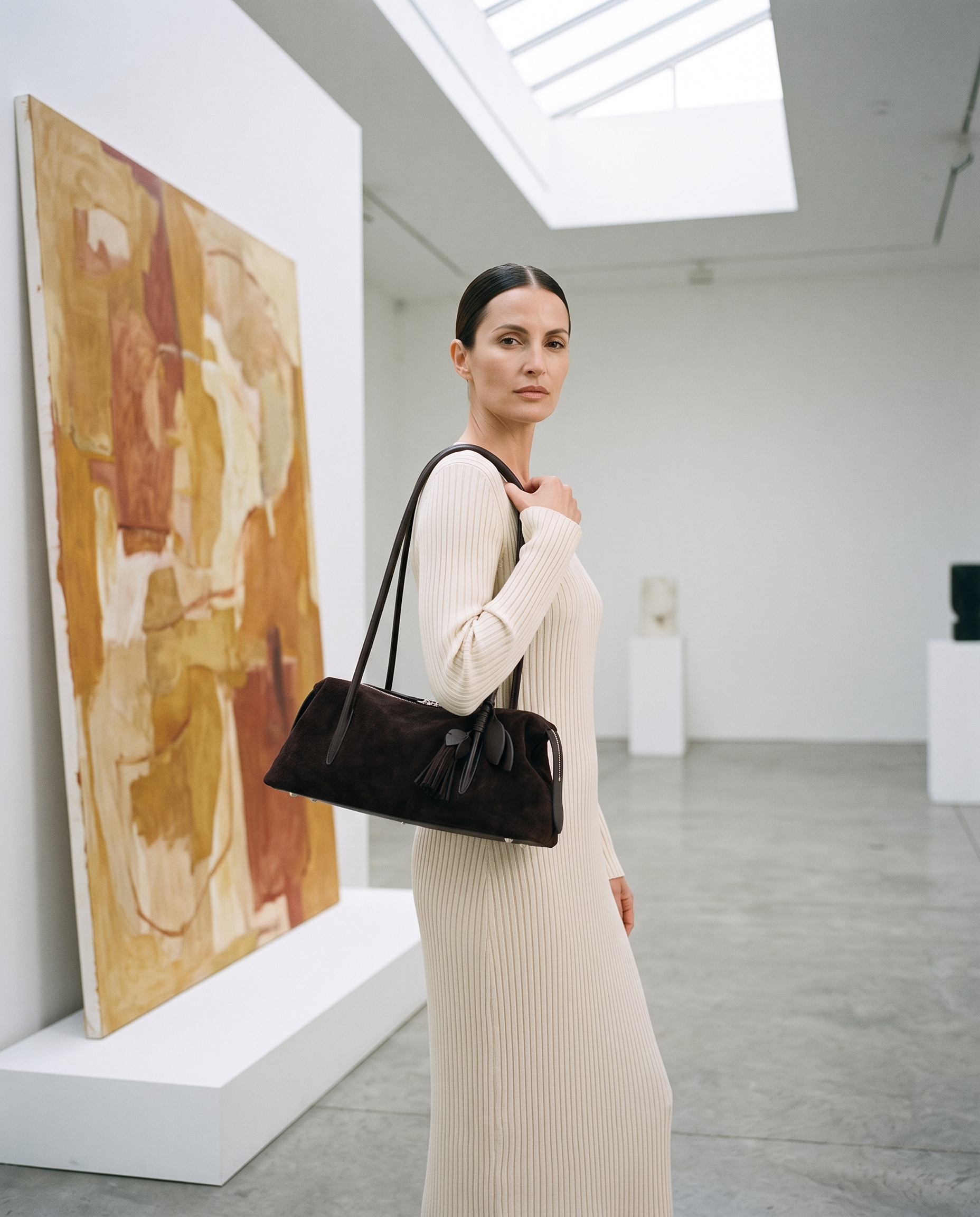 Sac SOLÈNE marron foncé, porté dans une galerie d'art