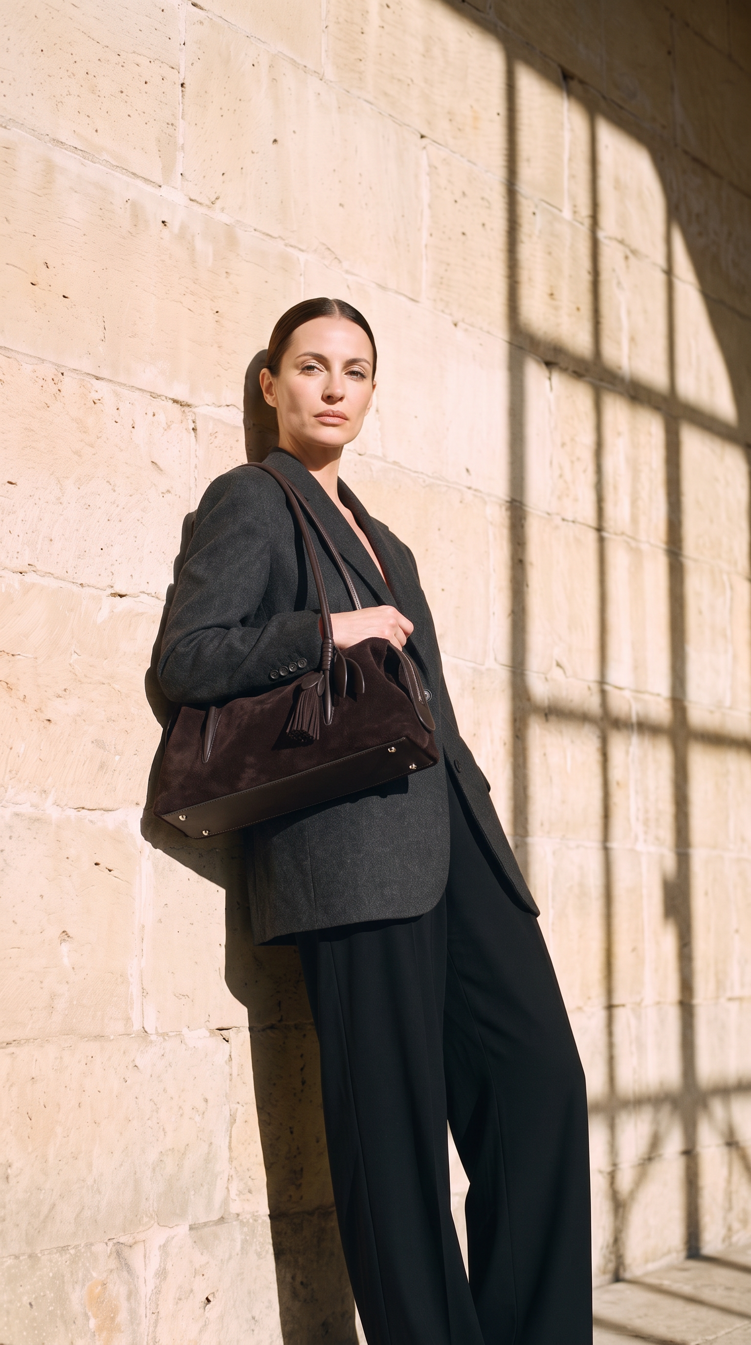 Sac SOLÈNE marron foncé, porté devant un mur de pierre