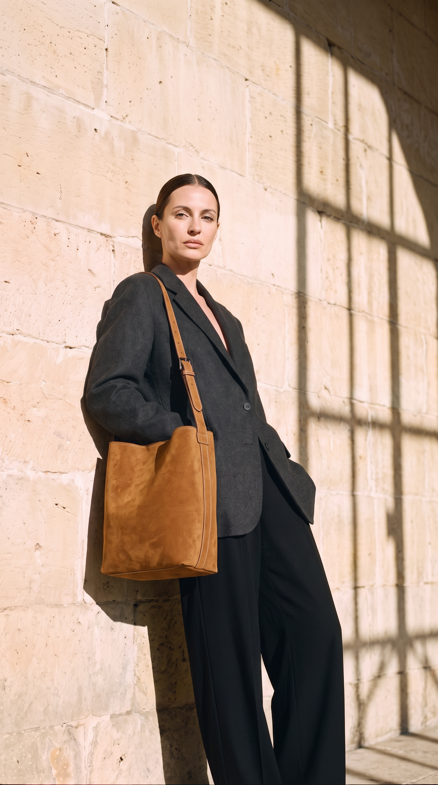 Sac seau LOUNA camel, porté devant un mur de pierre