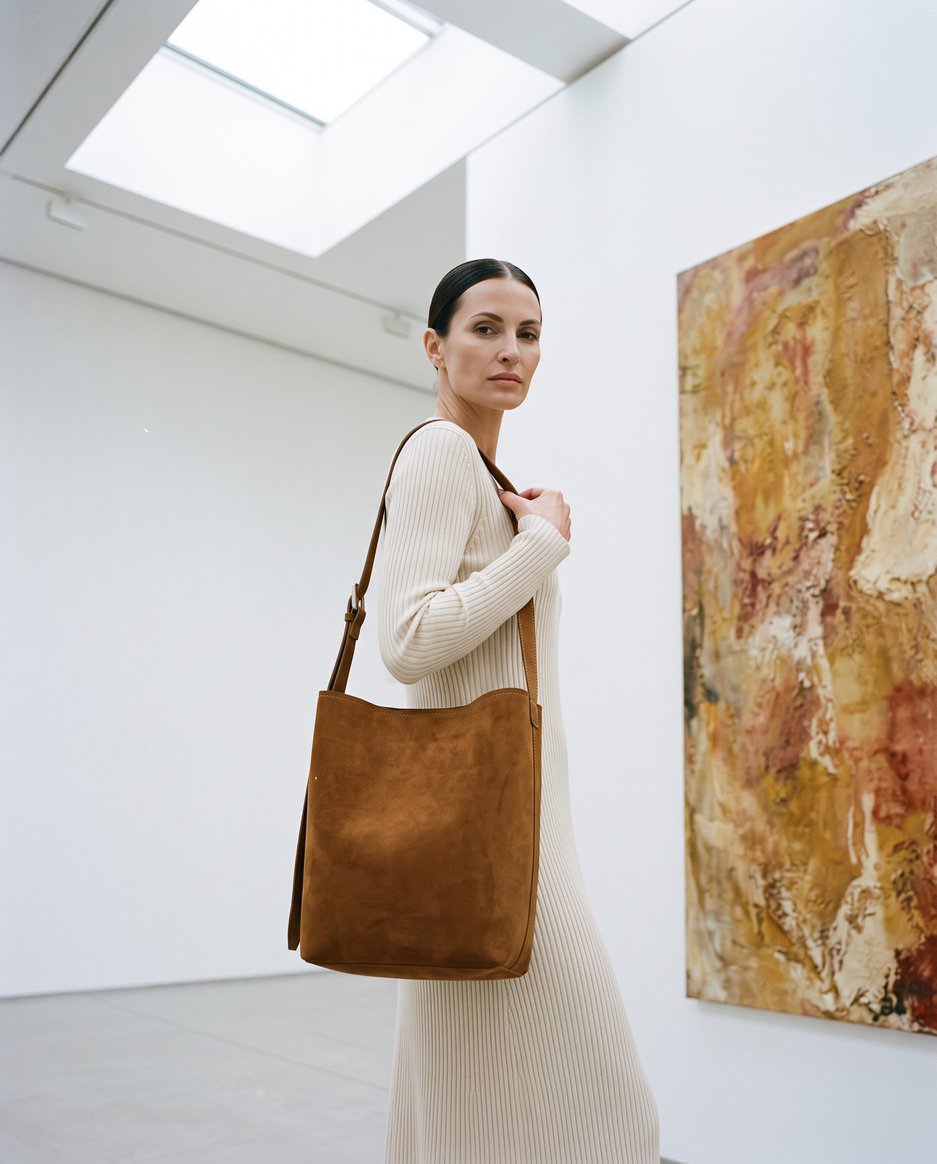 Sac seau LOUNA camel, porté dans une galerie d'art
