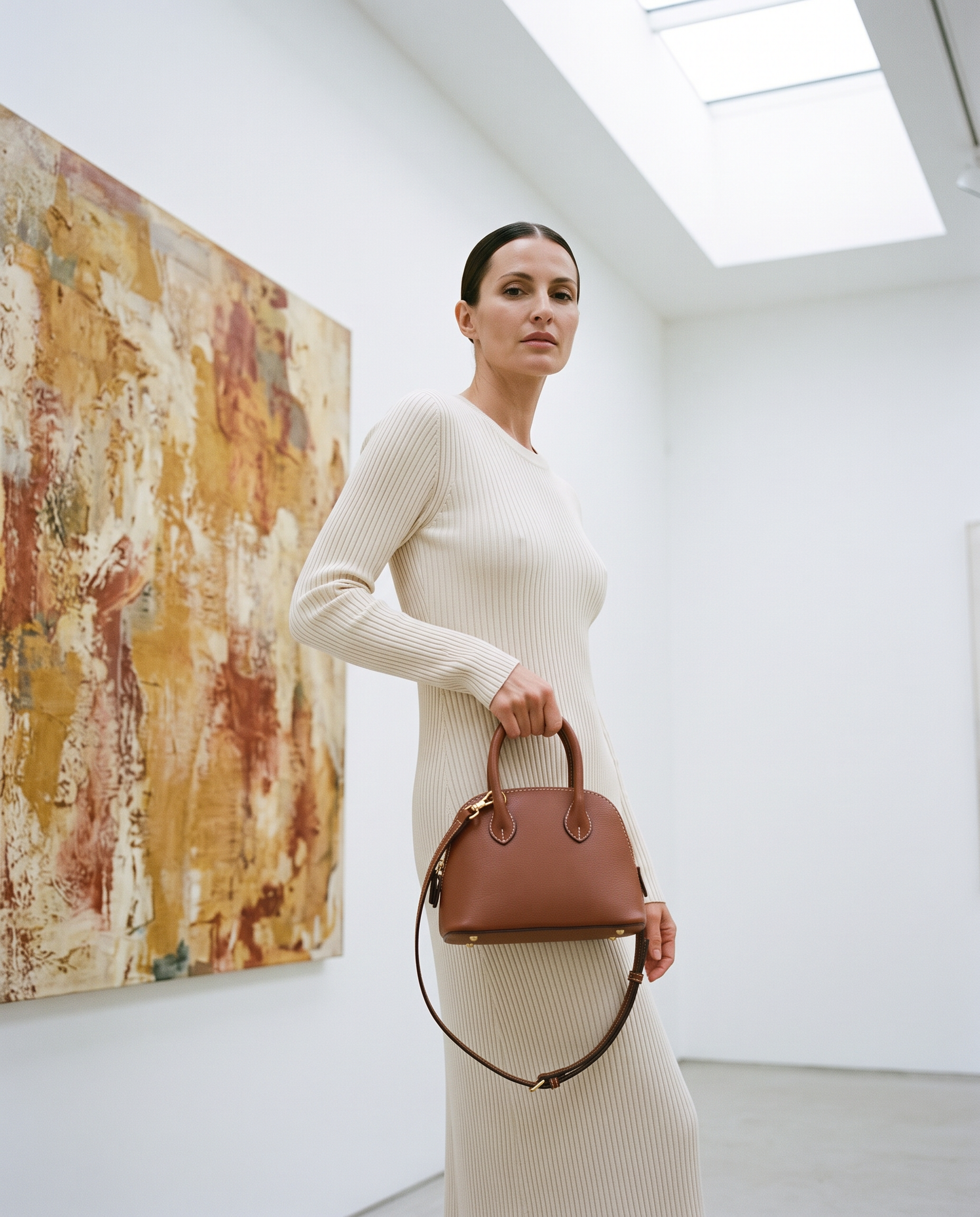 Sac FLAVIE camel, porté dans une galerie d'art