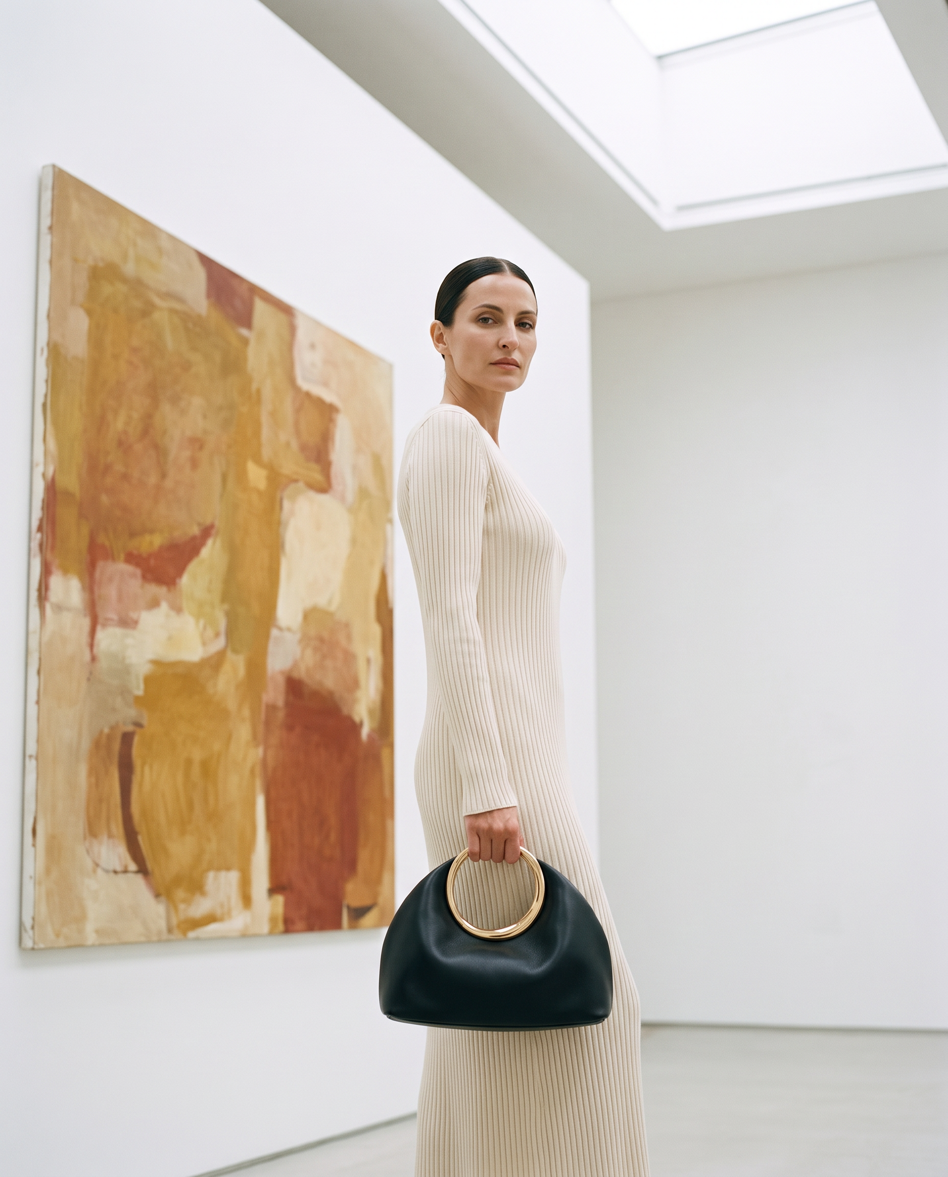 Sac BLANCHE noir, porté dans une galerie d'art