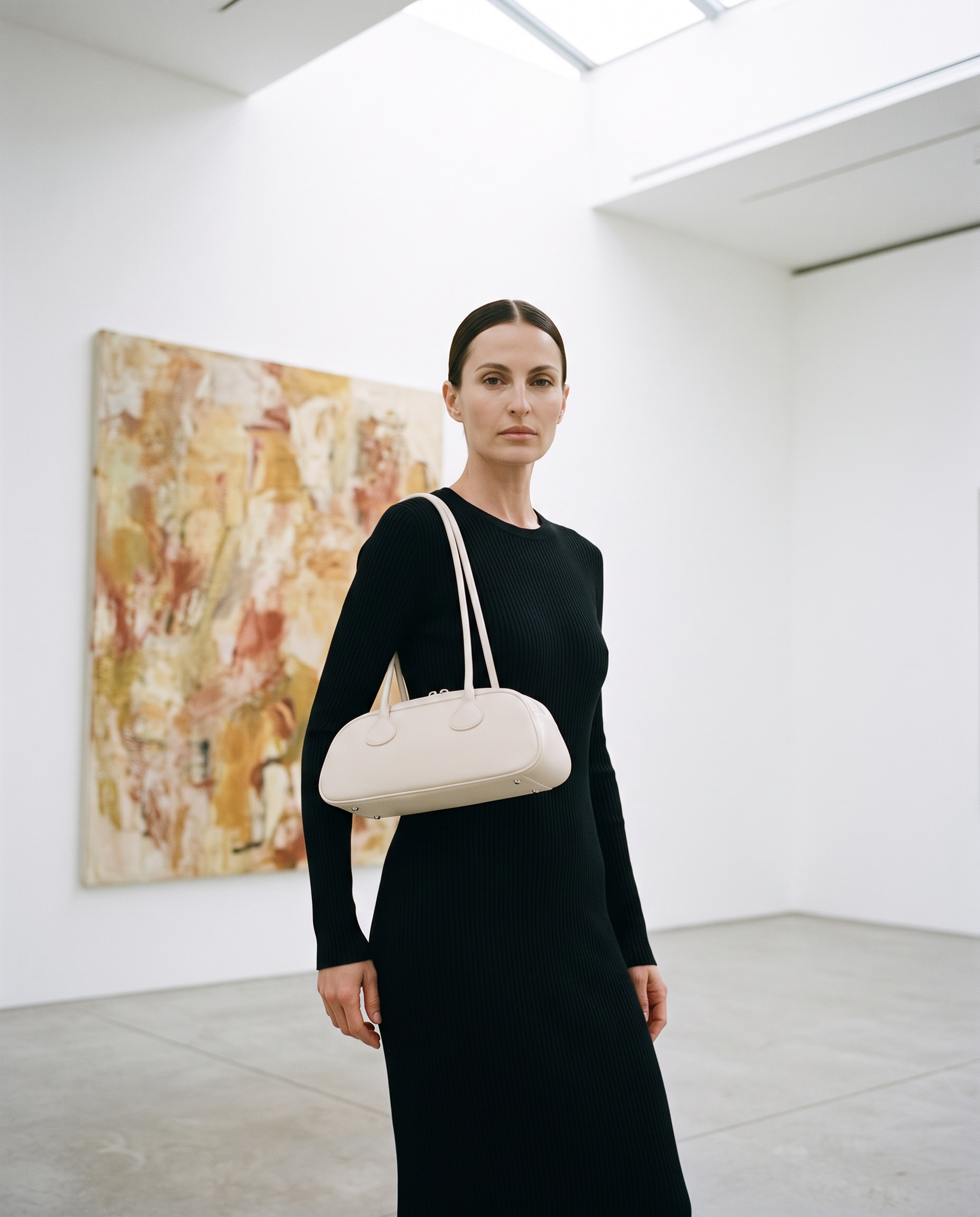 Sac baguette GRETA crème, porté dans une galerie d'art