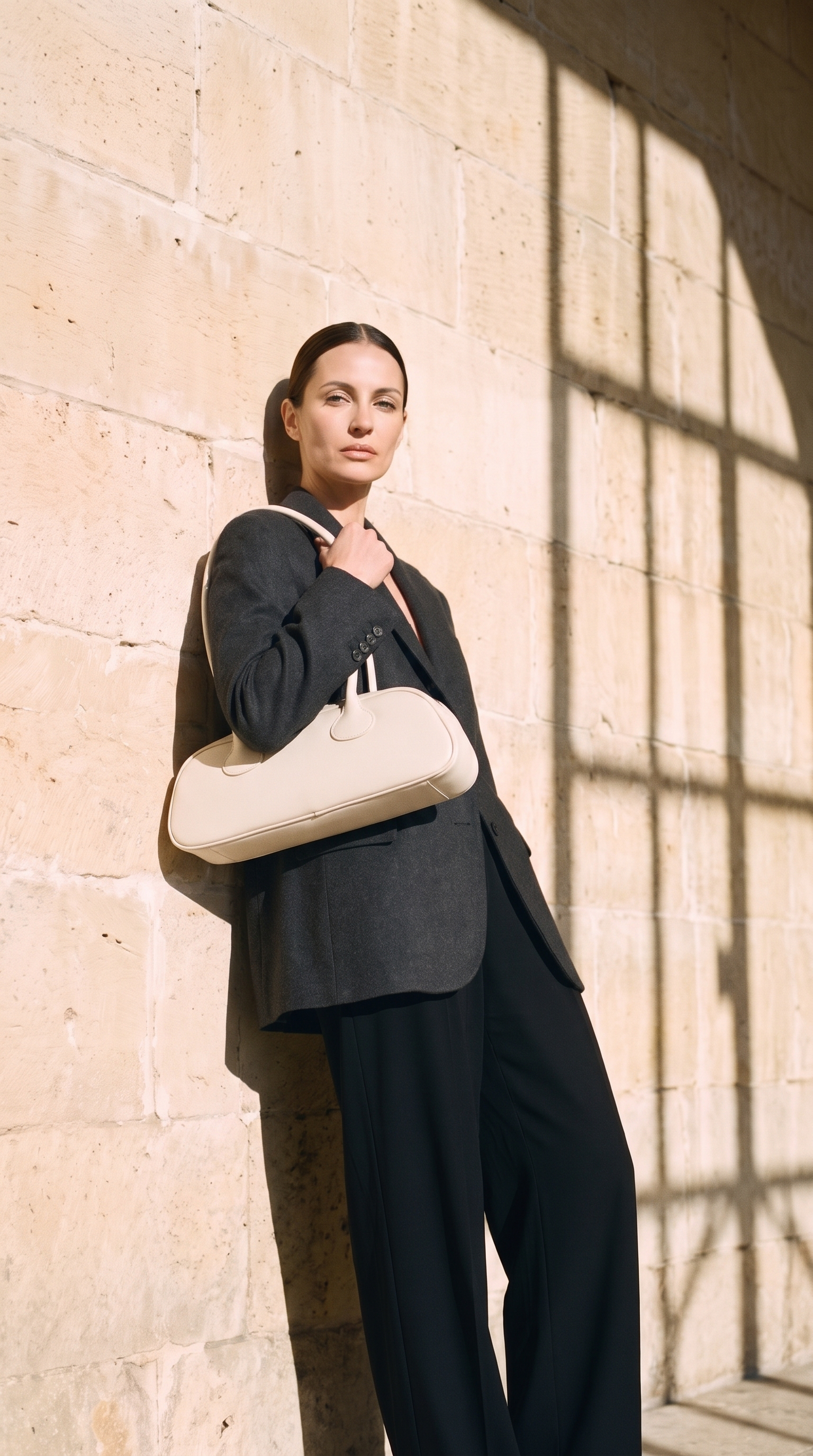 Sac baguette GRETA crème, porté devant un mur de pierre
