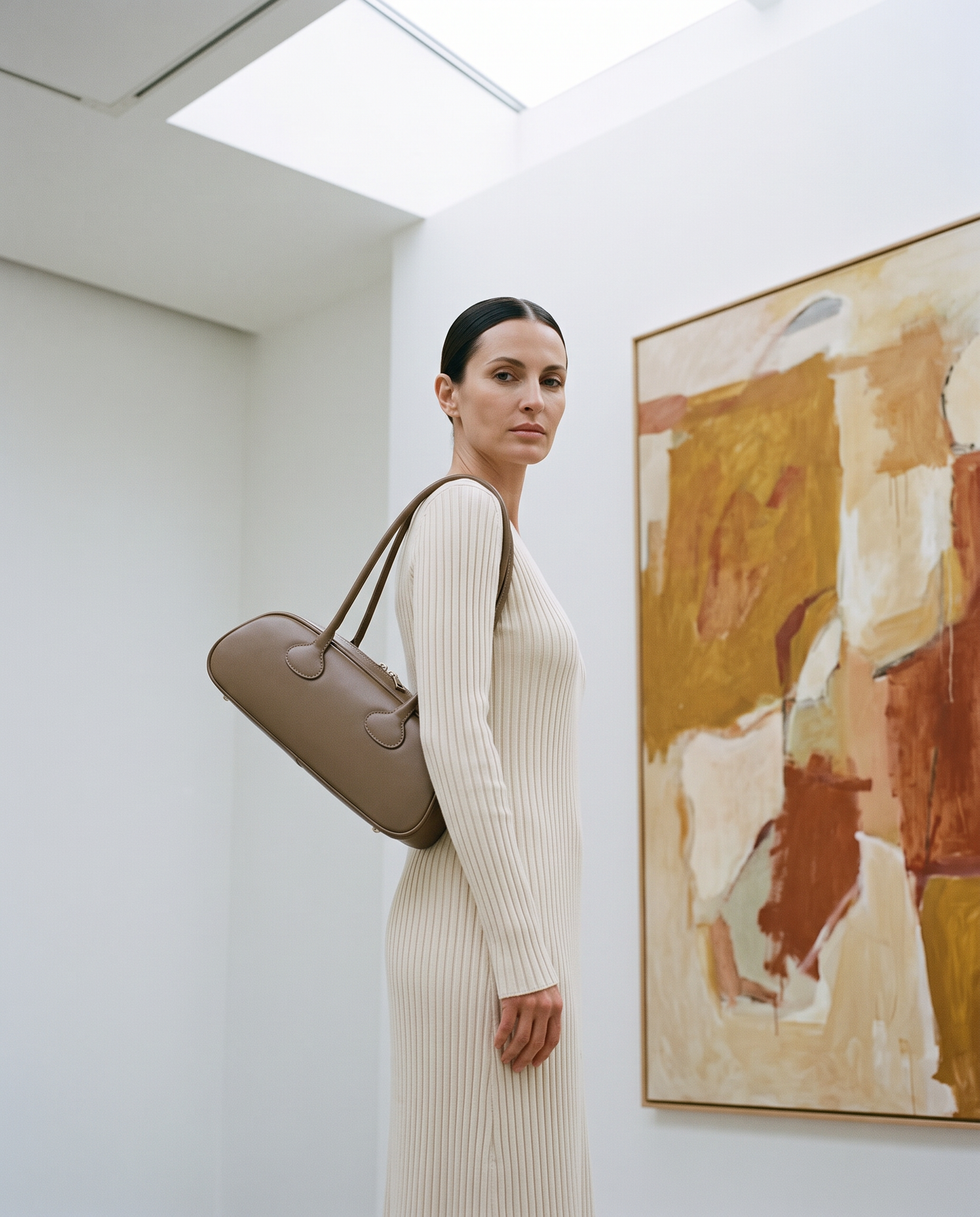 Sac baguette GRETA, porté dans une galerie d'art