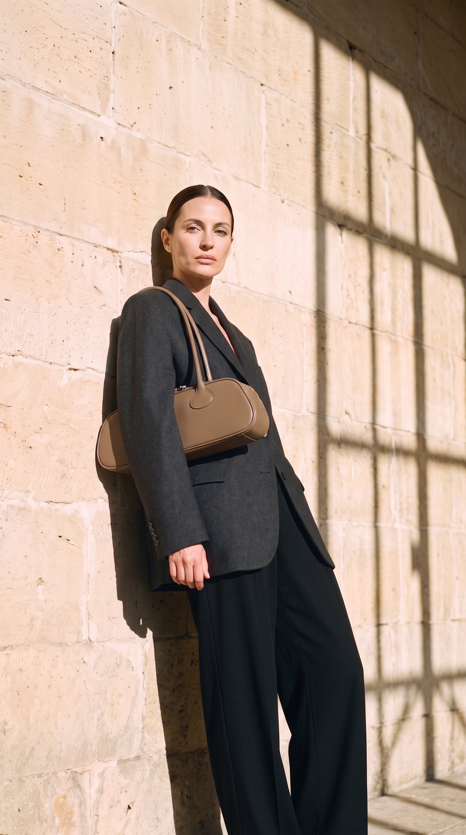 Sac baguette GRETA, porté devant un mur de pierre