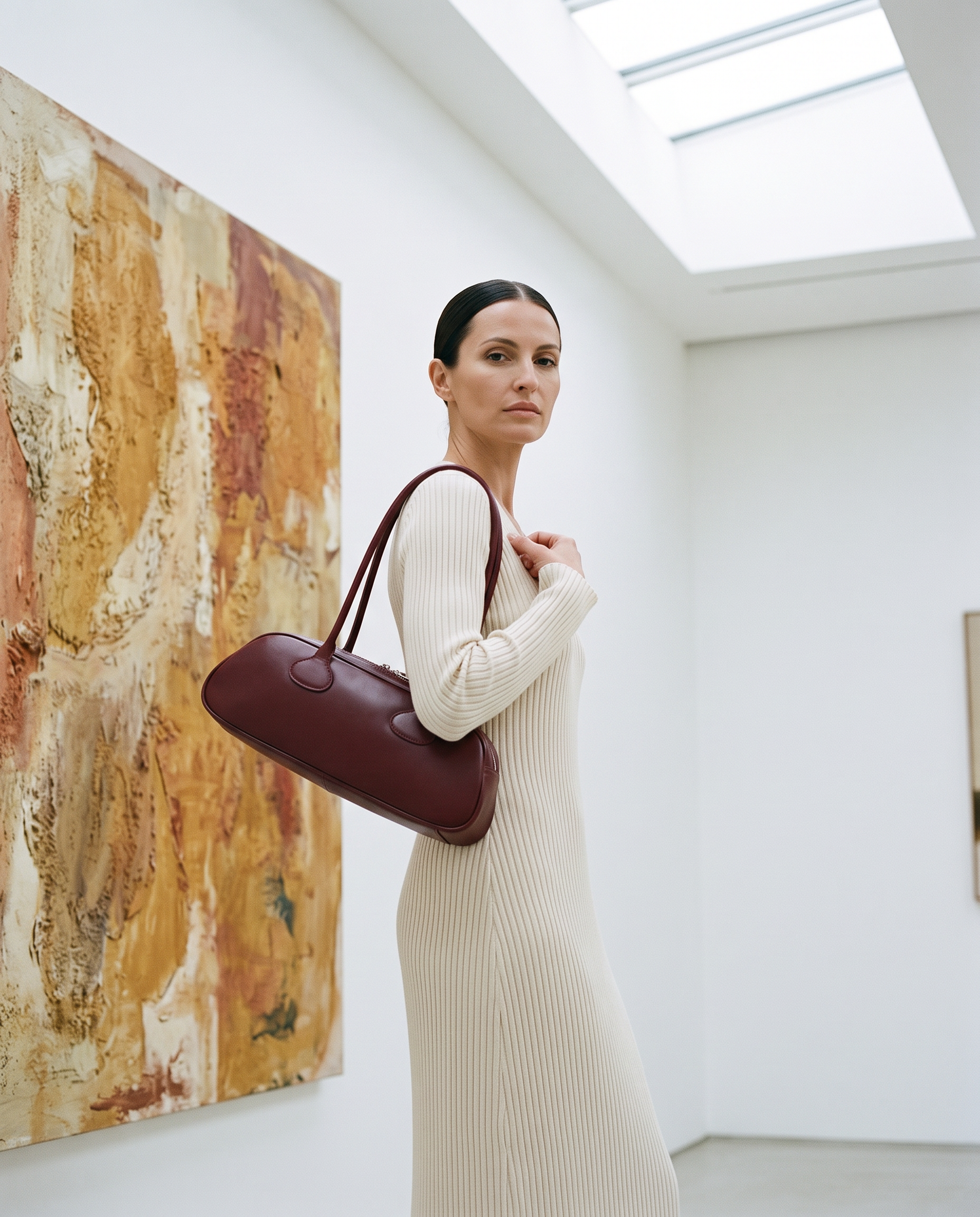 Sac baguette GRETA rouge bordeaux, porté dans une galerie d'art