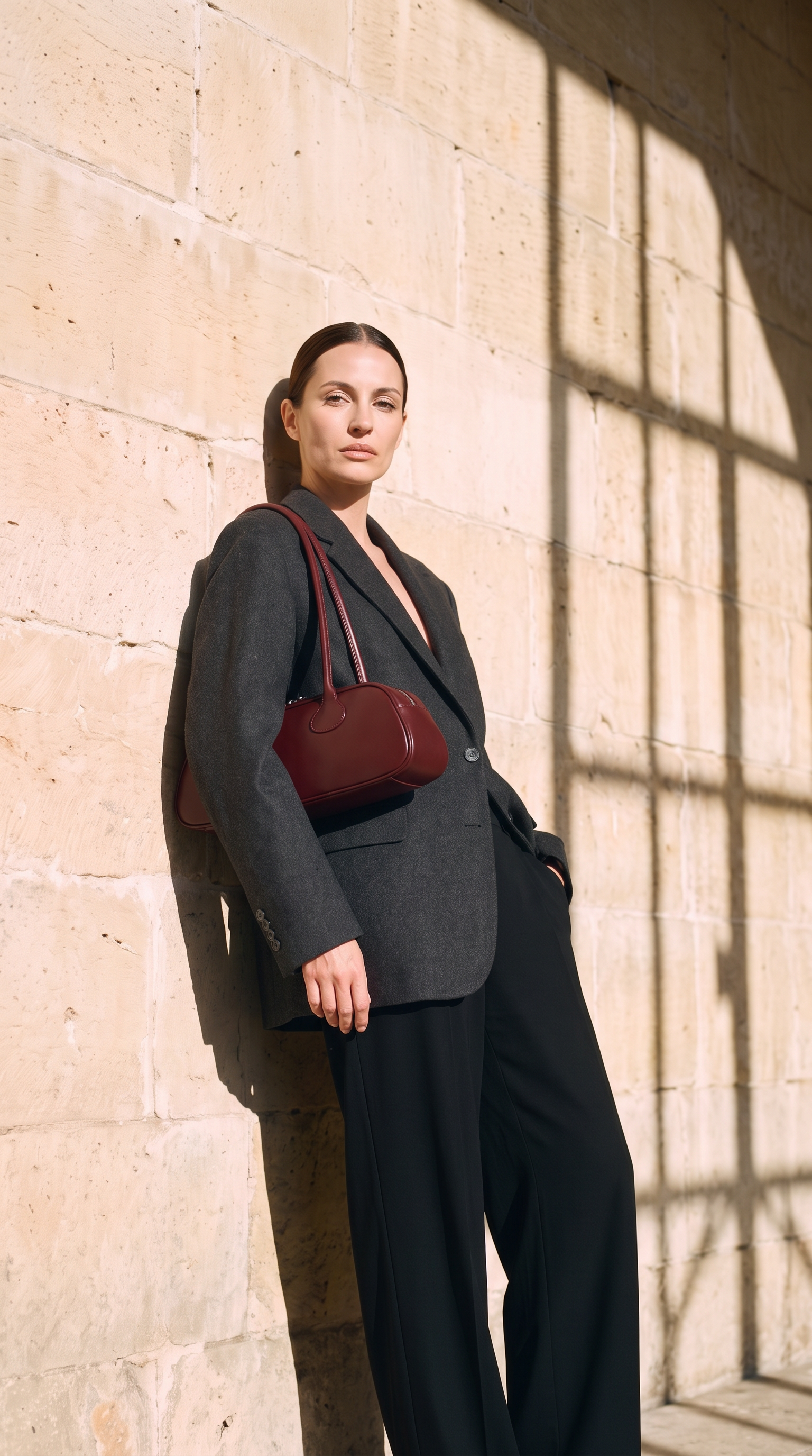 Sac baguette GRETA rouge bordeaux, porté devant un mur de pierre
