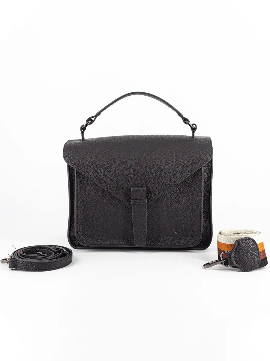 BEYA – Sac cartable en cuir de vachette, coloris noir, vue de face – YUMIKA